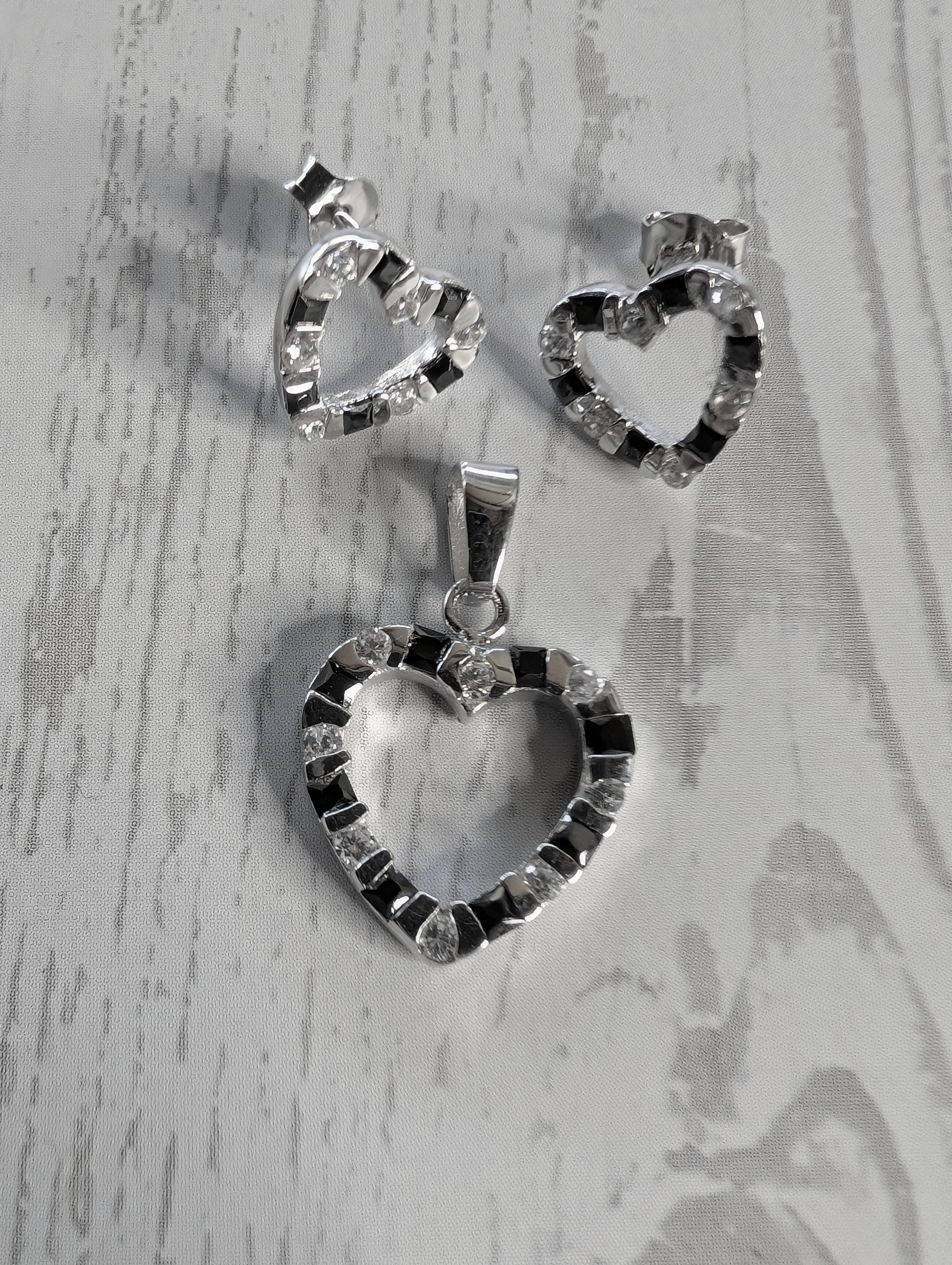 Sterling Silver Black CZ Striped Heart Earrings & Pendant Jewelry Set