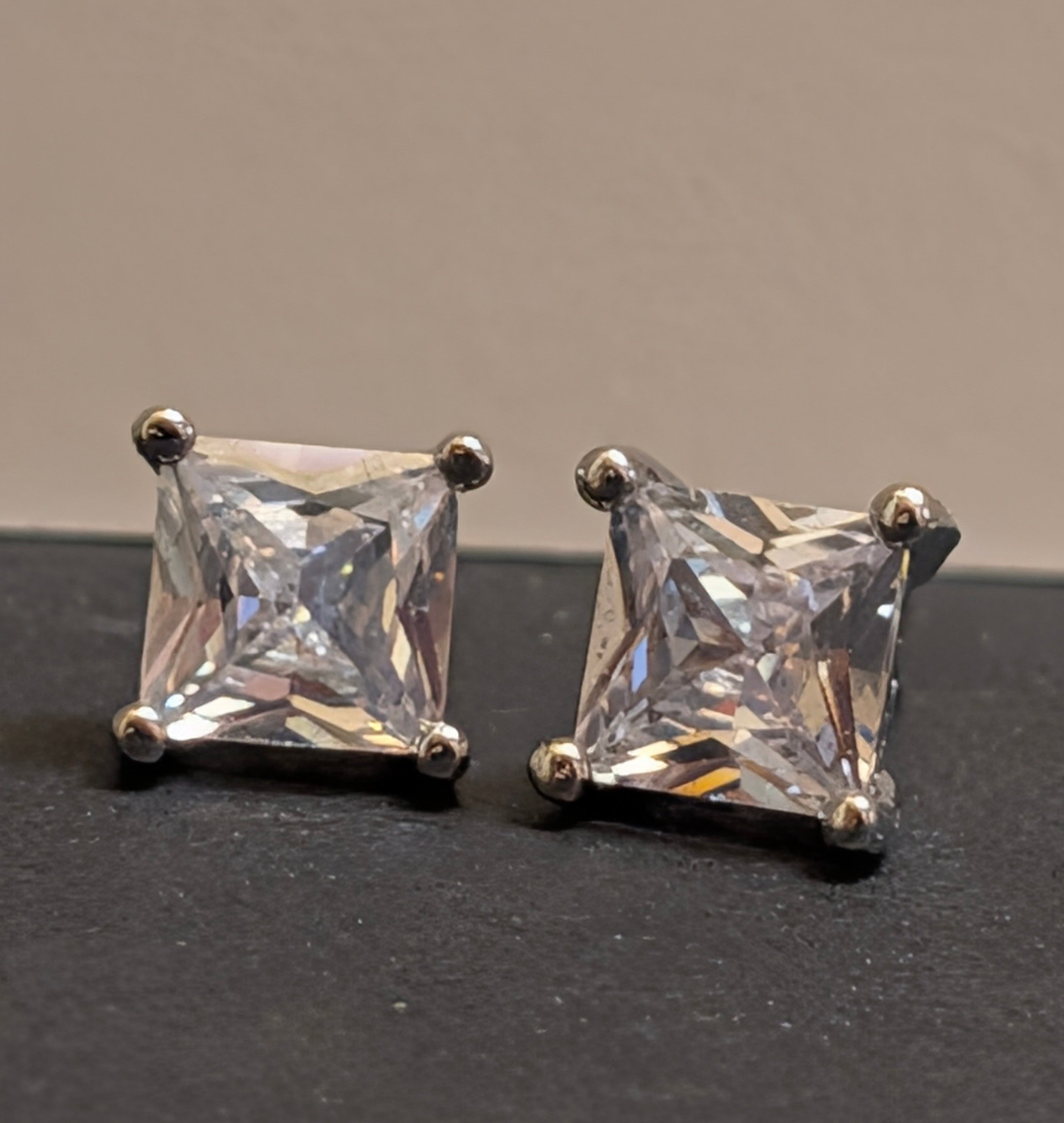 Silver 7mm Cut Square Shaped CZ Stud Earrings