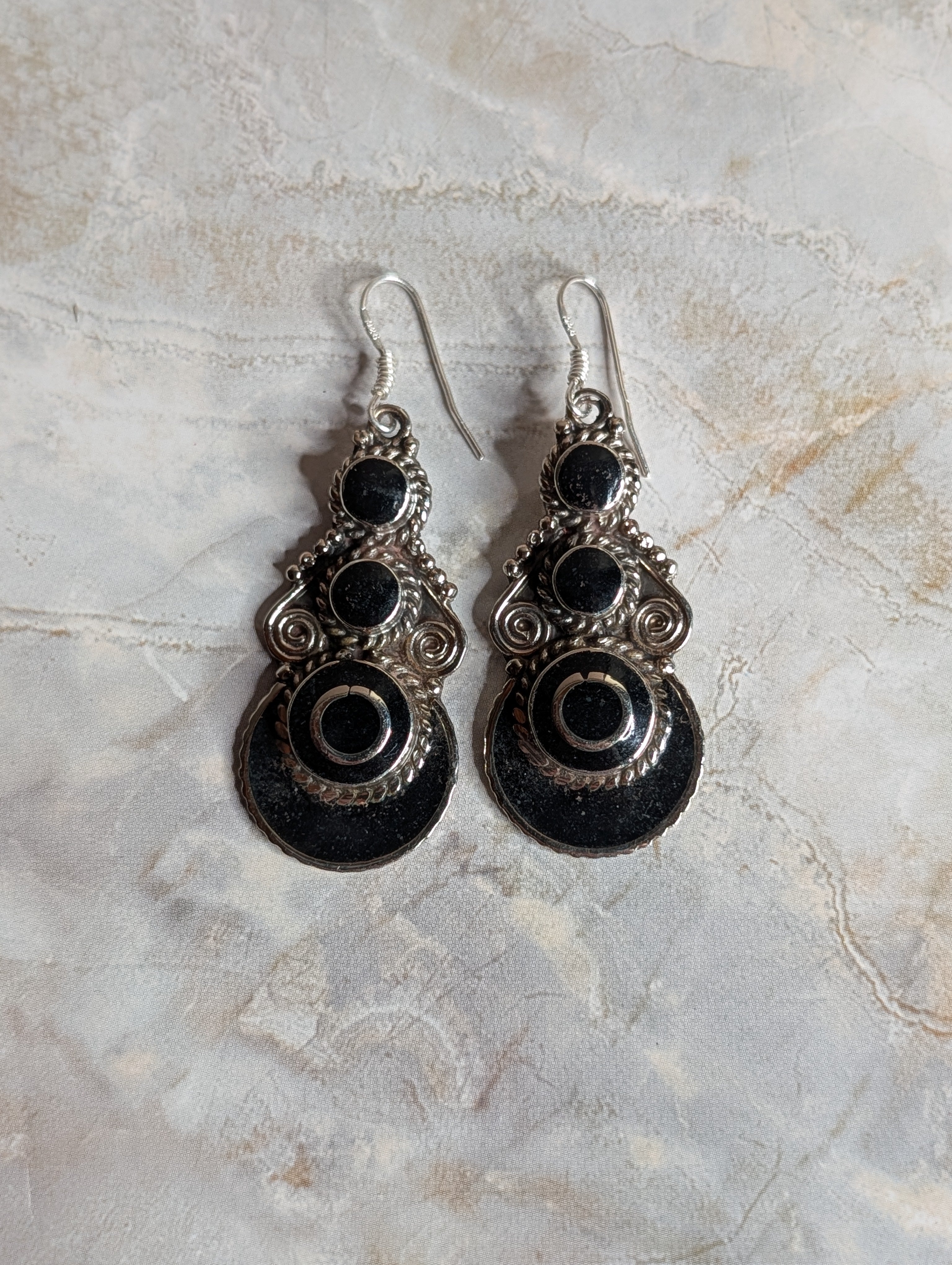 Vintage Black Onyx & Silver Southwestern Dangle Earrings