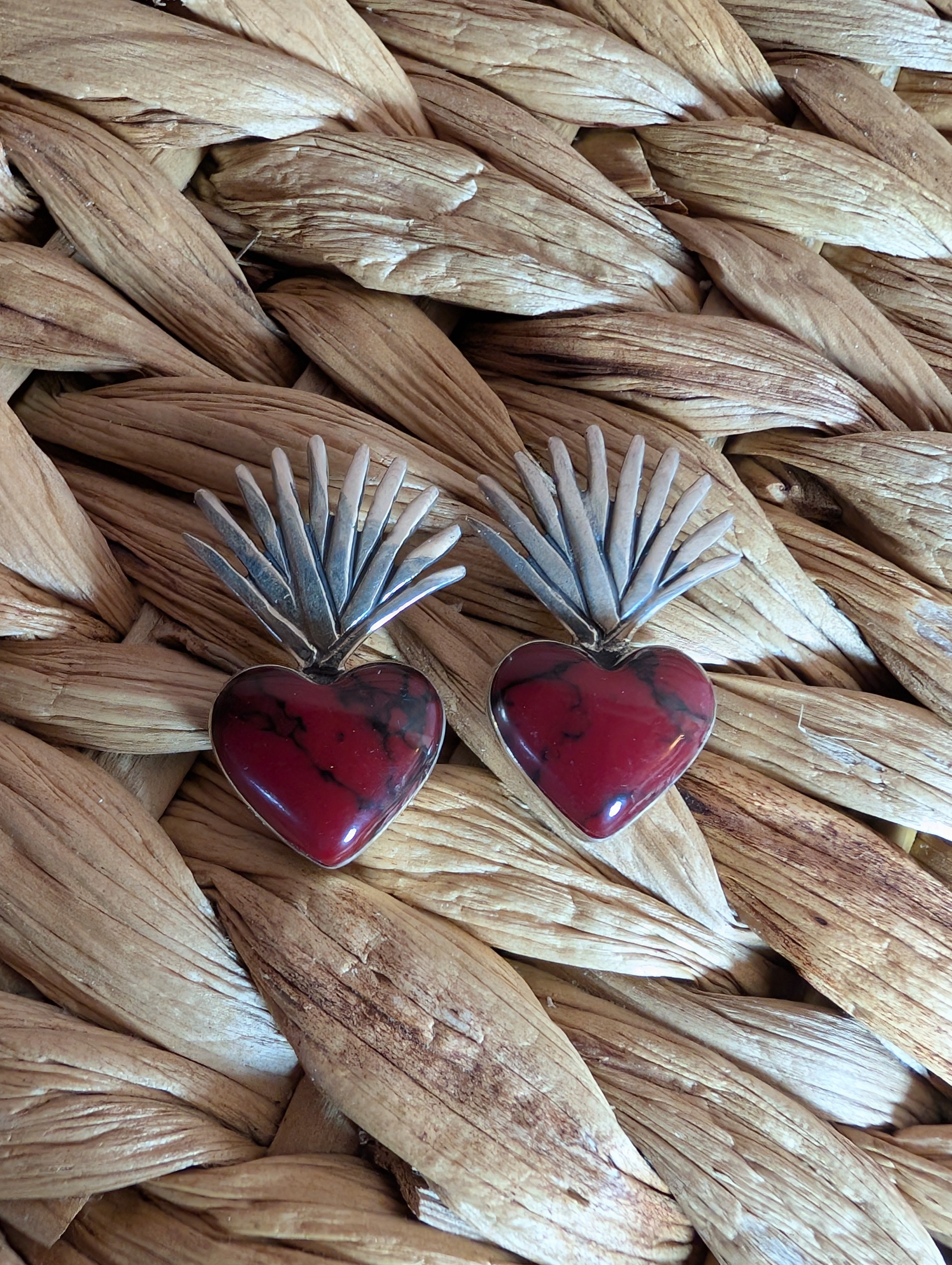 Red Coral Heart Shaped Sterling Silver Earrings