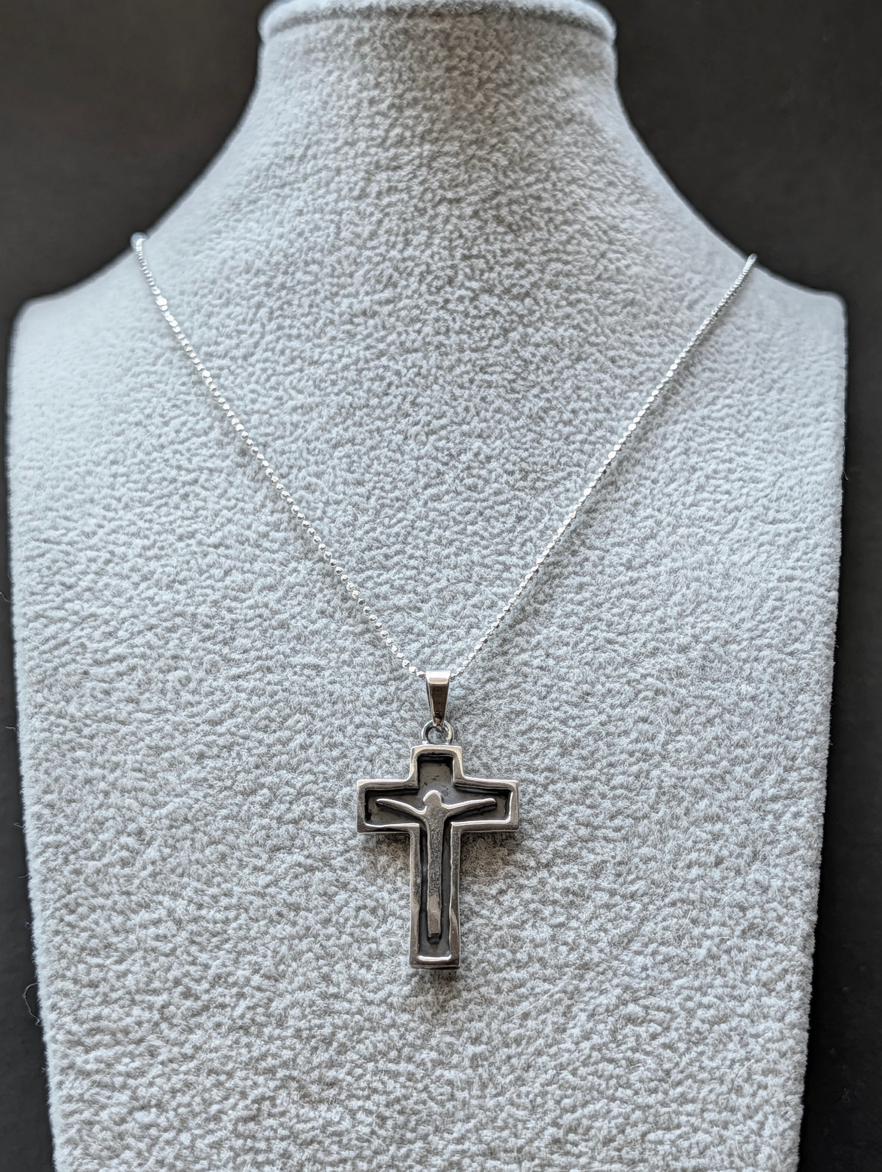 Sterling Silver Christian Crucifix Cross Oxidized Silhouette Pendant Necklace
