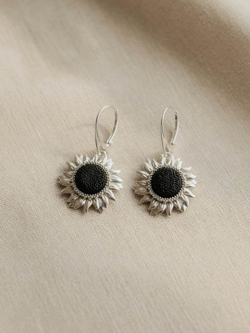Dark Amber Handmade Sterling Silver Sunflower Leverback Earrings