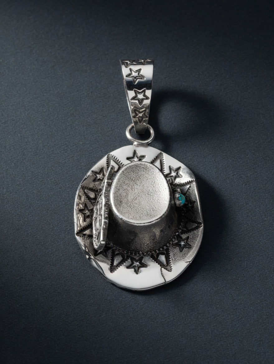 Midnight Desert Cowboy Hat Sterling Silver Pendant with Turquoise Accent