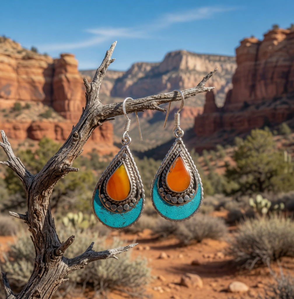 Southwestern Orange Spiny Oyster & Turquoise Teardrop Dangle Earrings
