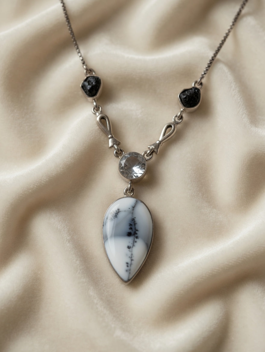 Dendritic Agate Leaf Shaped Gemstone With Clear Quartz & Black Tourmaline Sterling Silver Necklace