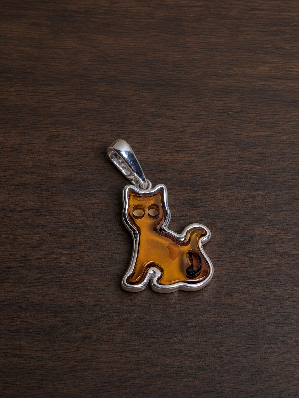 Handmade Cat Shaped Honey Cognac Cabochon & Sterling Silver Pendant