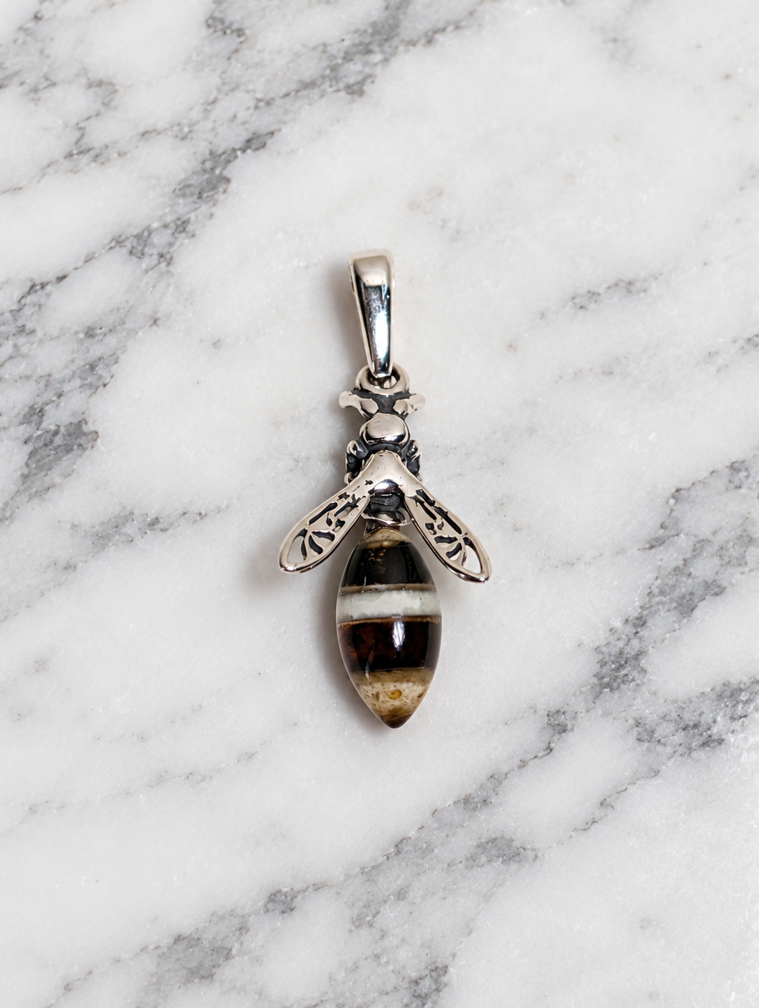 Handmade Bee Honey Cognac Cabochon & Sterling Silver Pendant