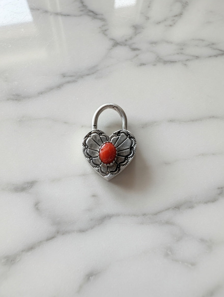 Sterling Silver Padlock Pendant with Coral Stone