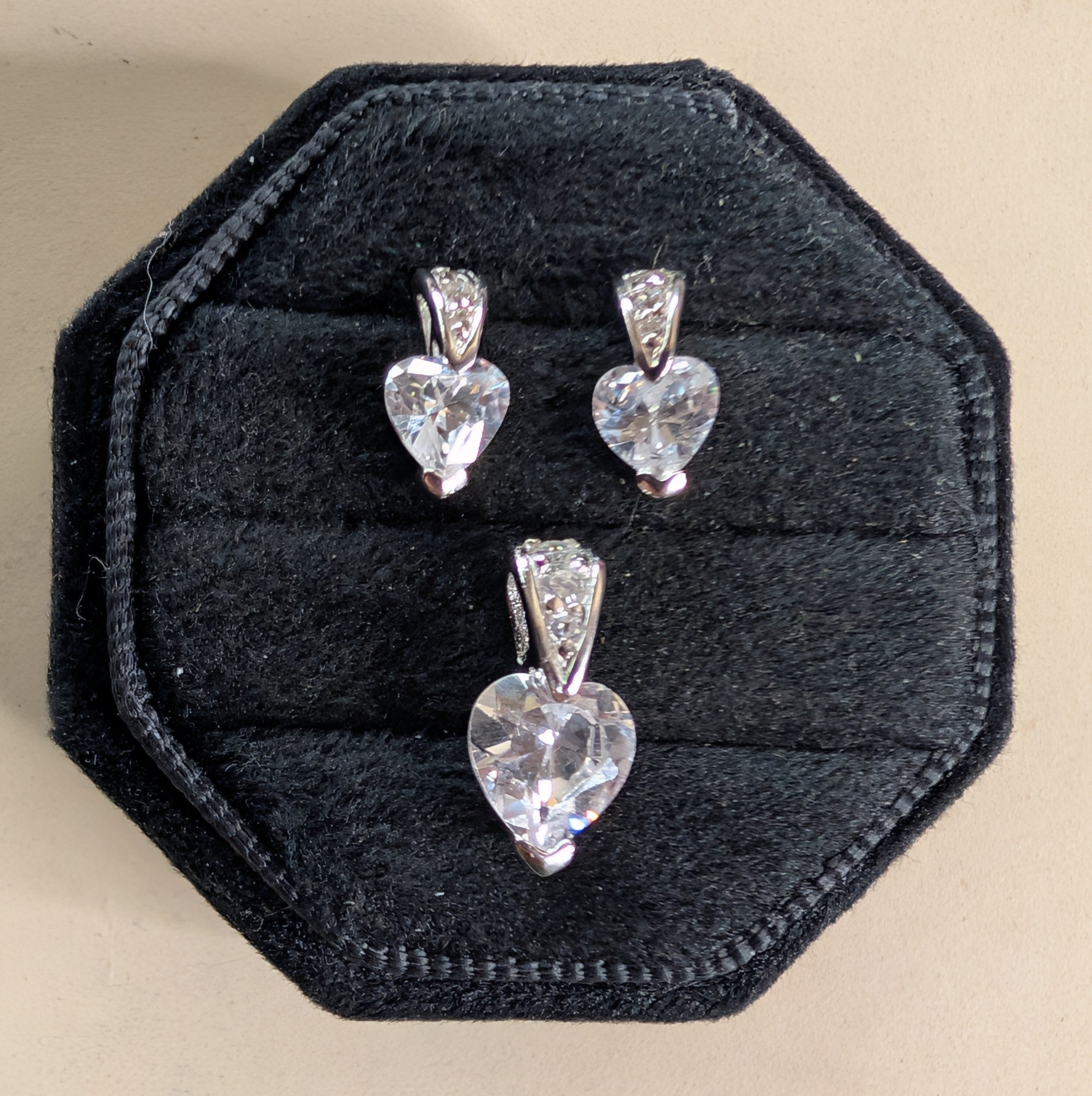 Sterling Silver CZ White Heart Shape GemStone Earrings & Pendant Jewelry Set