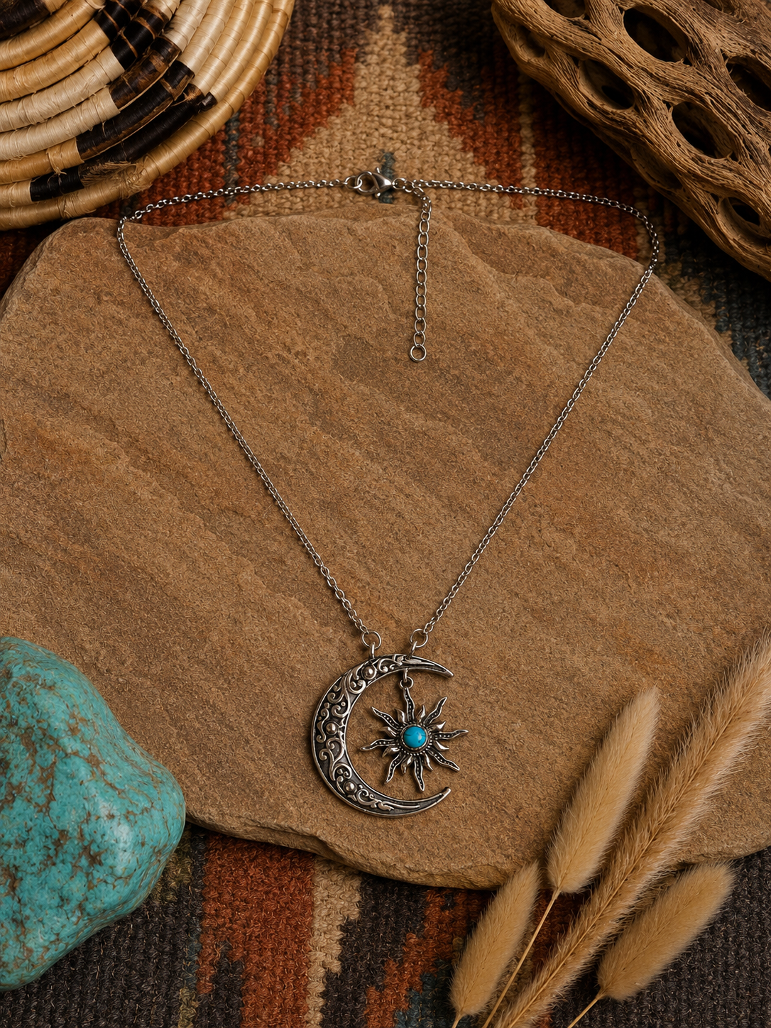 Kingman Turquoise Crescent Sterling Silver Moon and Star Necklace