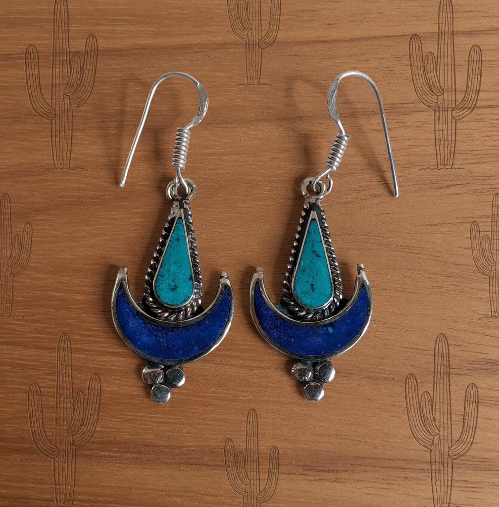 Turquoise & Lapis Crescent Moon Dangle Earrings – Southwest Boho Statement