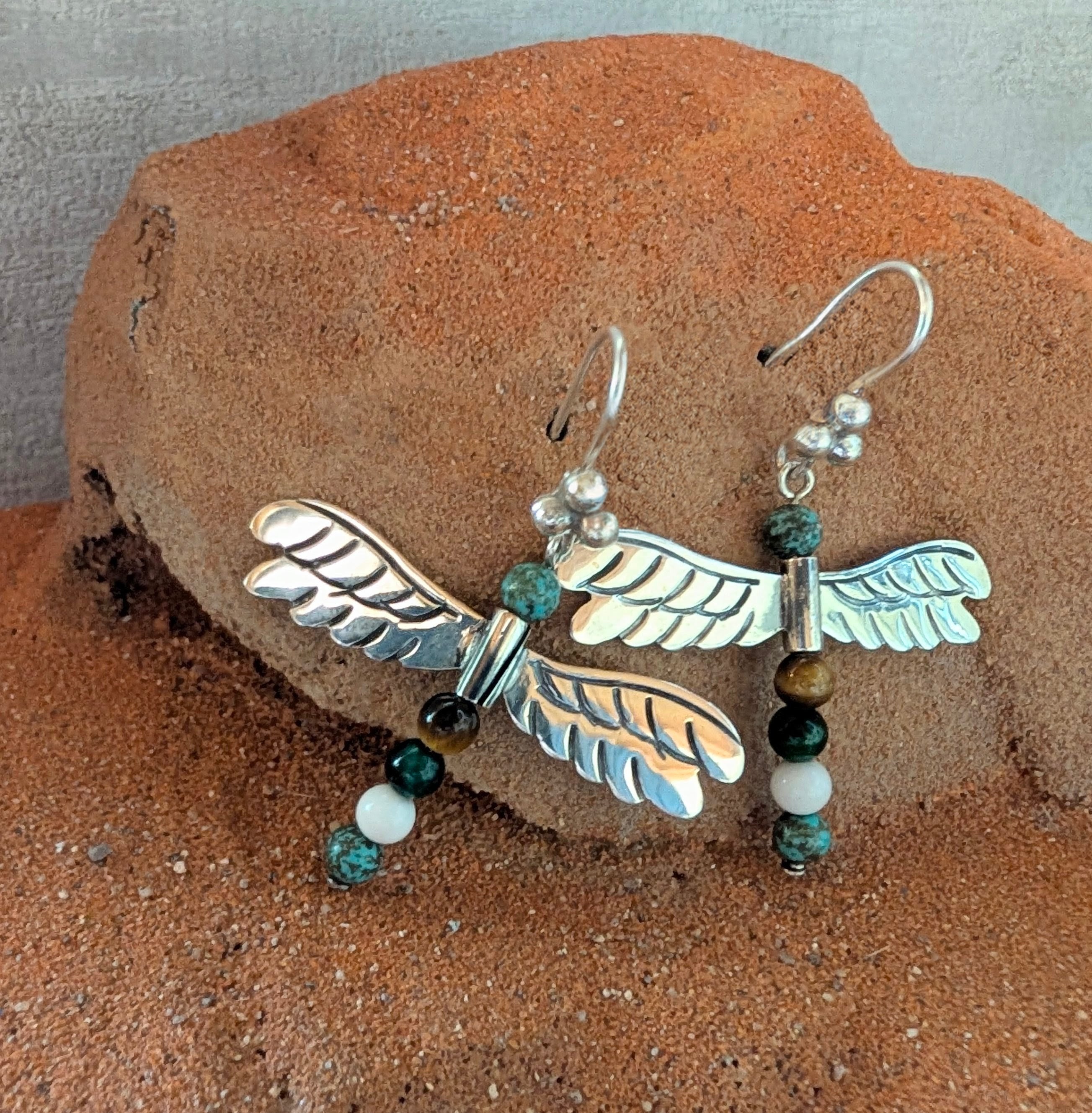 Turquoise & Sterling Silver Beaded Bird Earrings On Hook