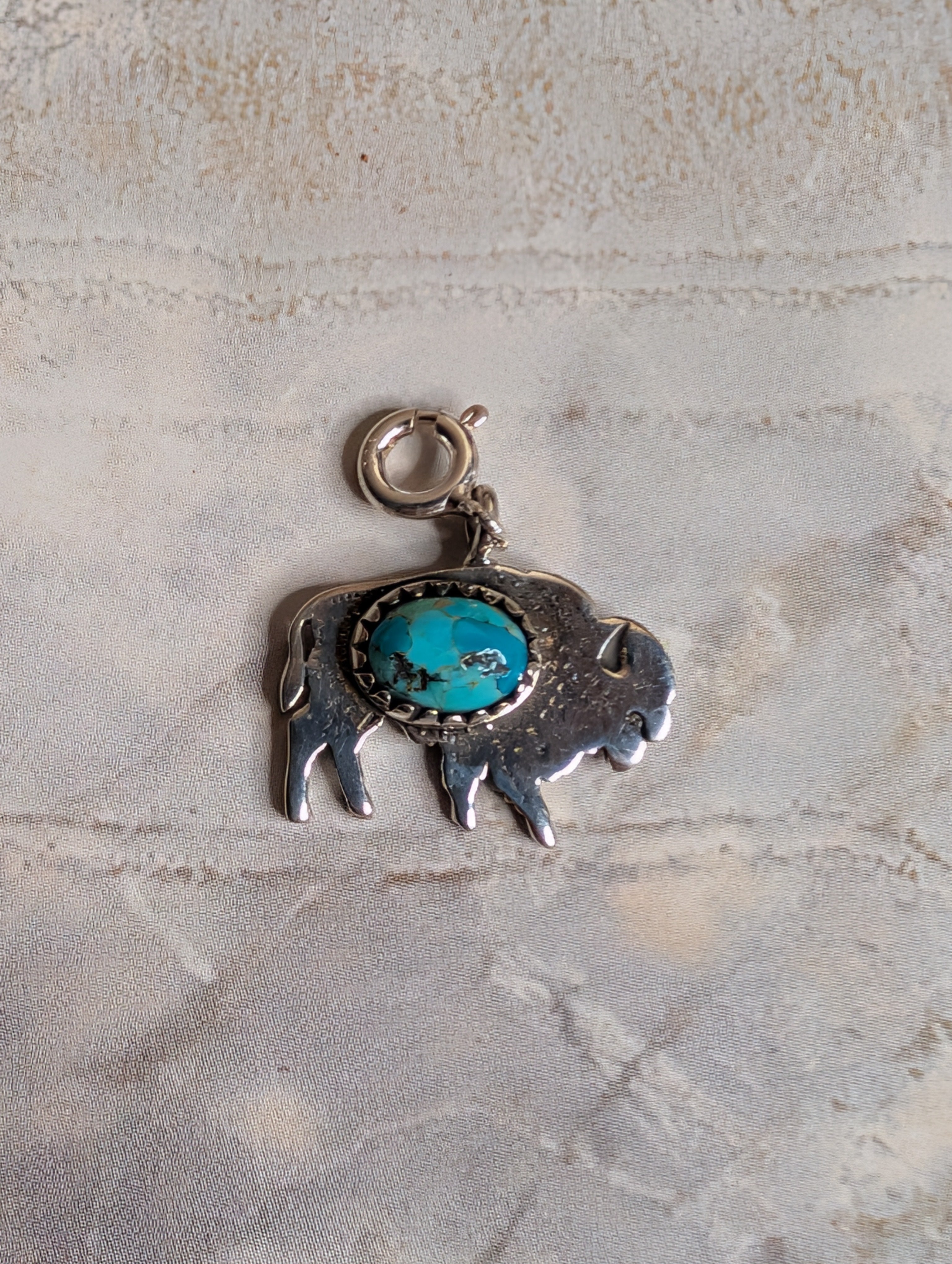 Sterling Silver Southwestern Style Buffalo Charm With Turquoise