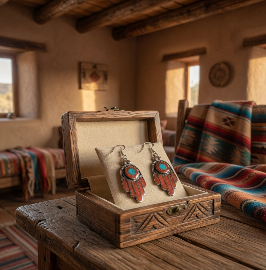 Coral Dangle Earrings with Turquoise Center – Southwest Style