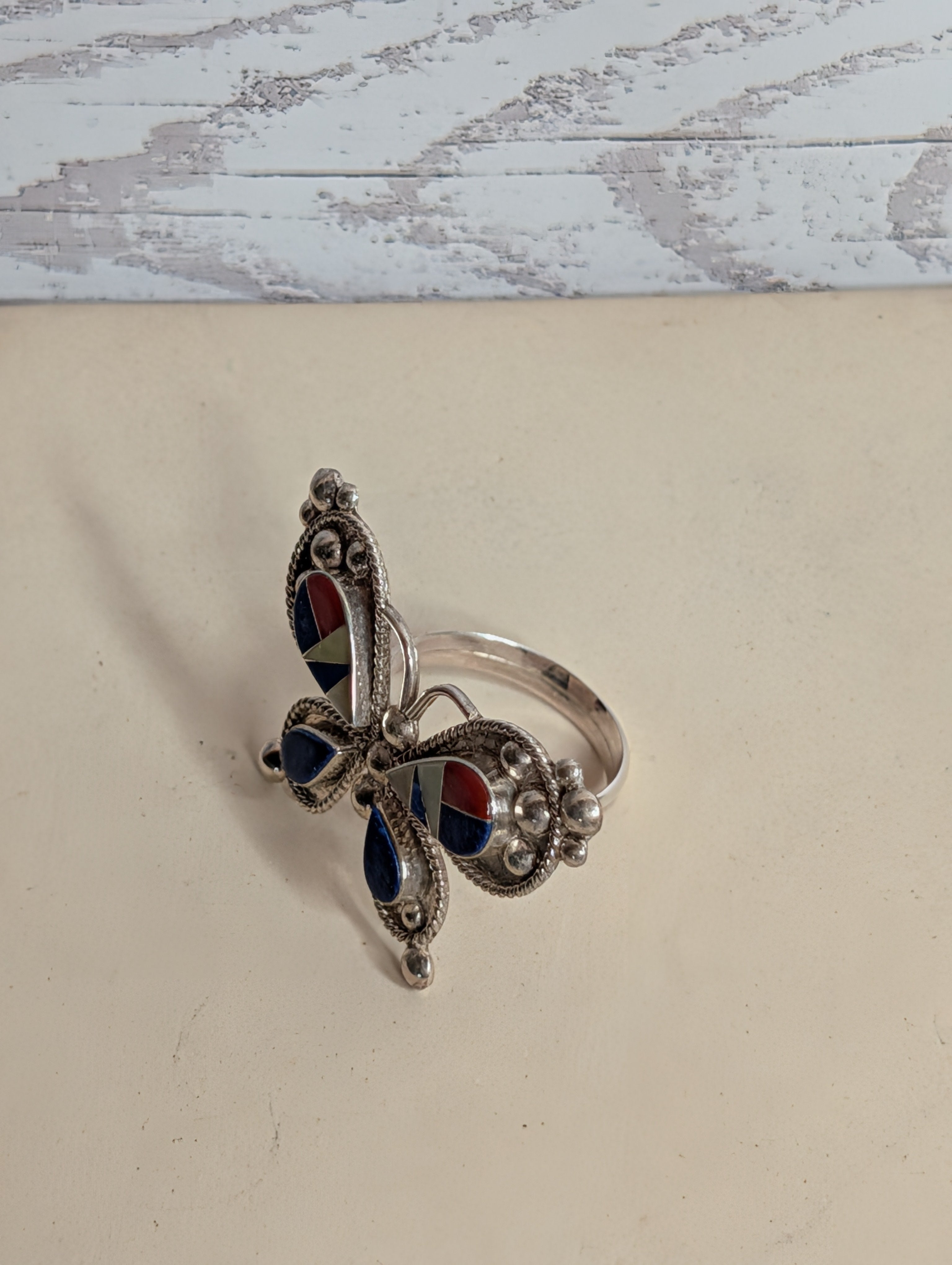 Handcrafted Lapis & Red Coral MultiStone Butterfly Shaped Sterling Silver Ring Size 7