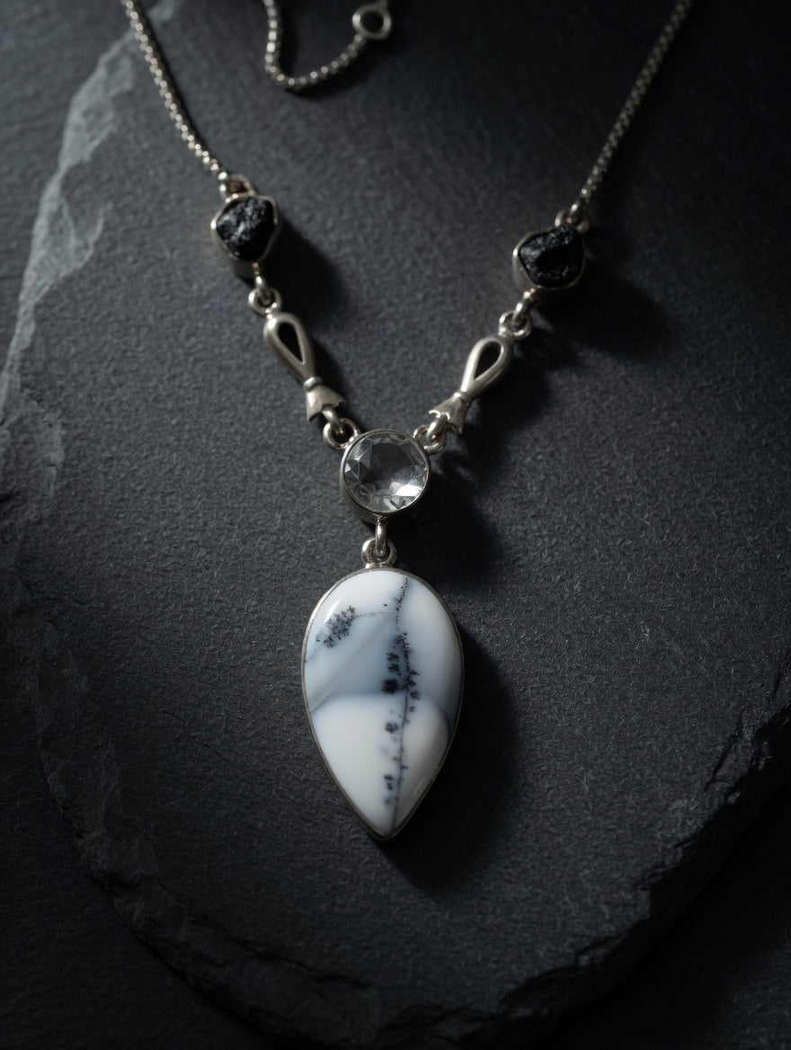 Dendritic Agate Leaf Shaped Gemstone With Clear Quartz & Black Tourmaline Sterling Silver Necklace