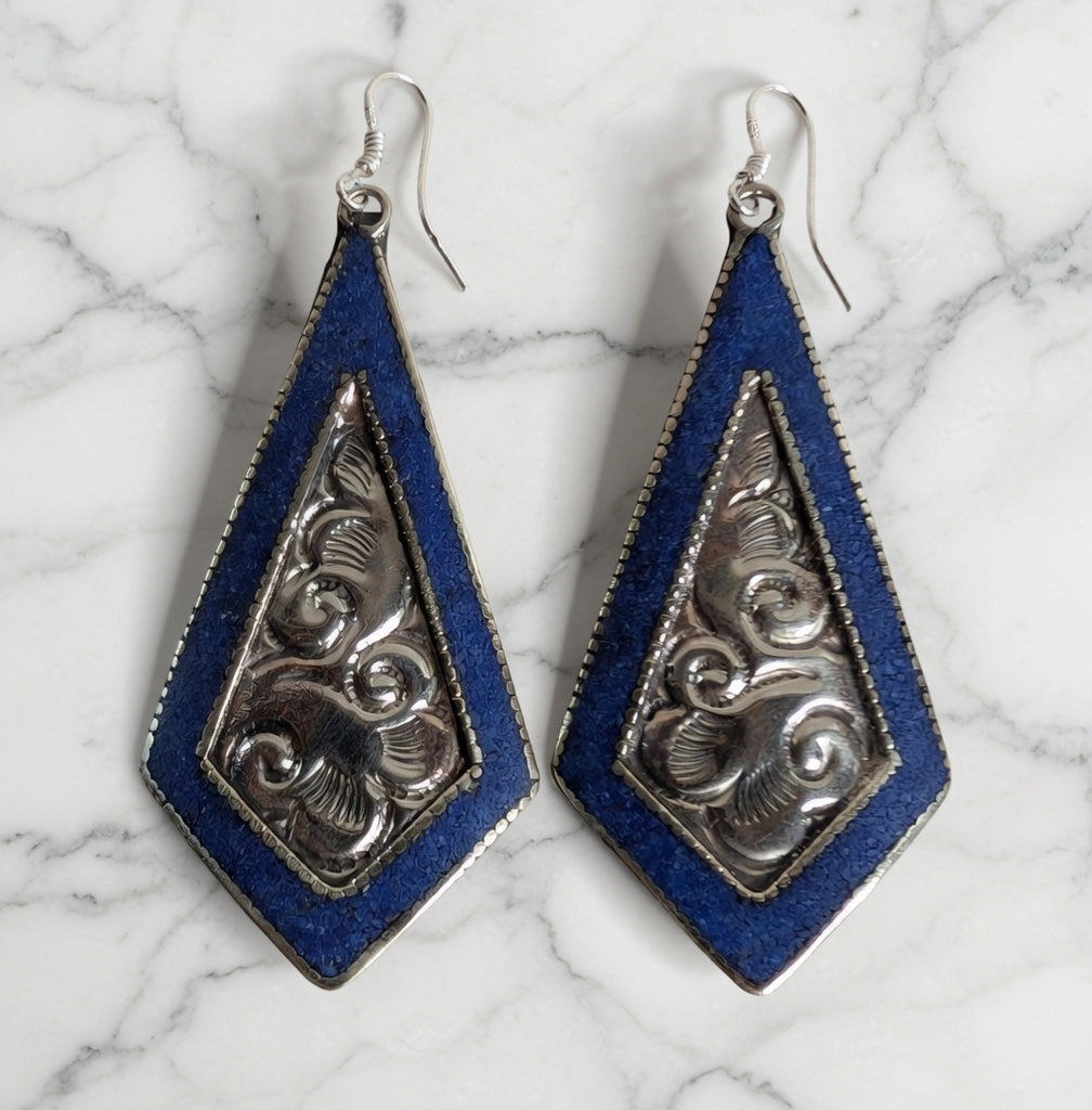 Blue & Silver Embossed Drop Earrings