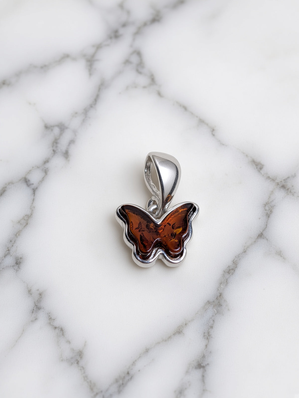 Handmade Butterfly Shaped Honey Cognac Cabochon & Sterling Silver Pendant