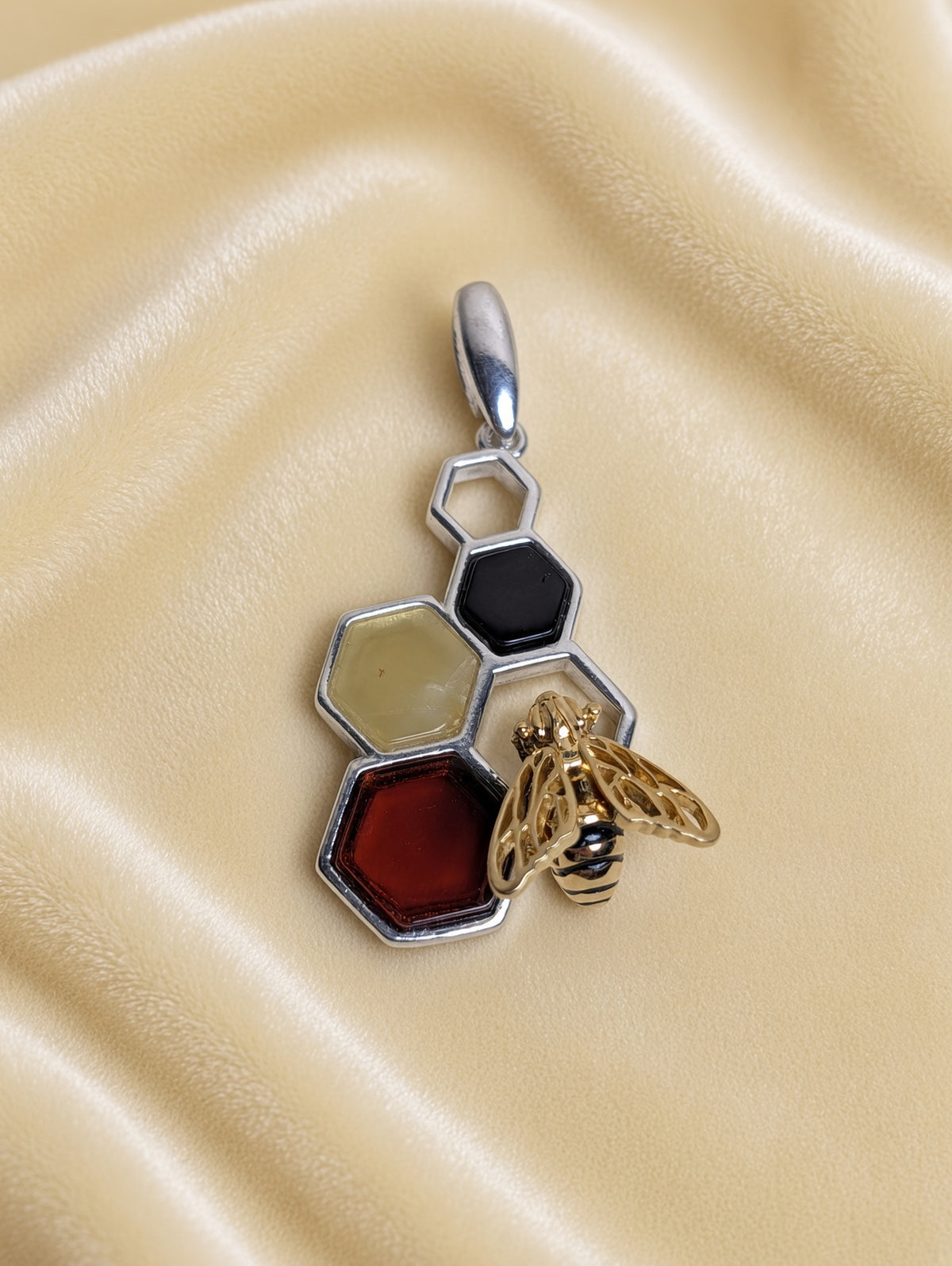 Handmade Bee Honeycomb Honey Cognac Cabochons & Sterling Silver Pendant