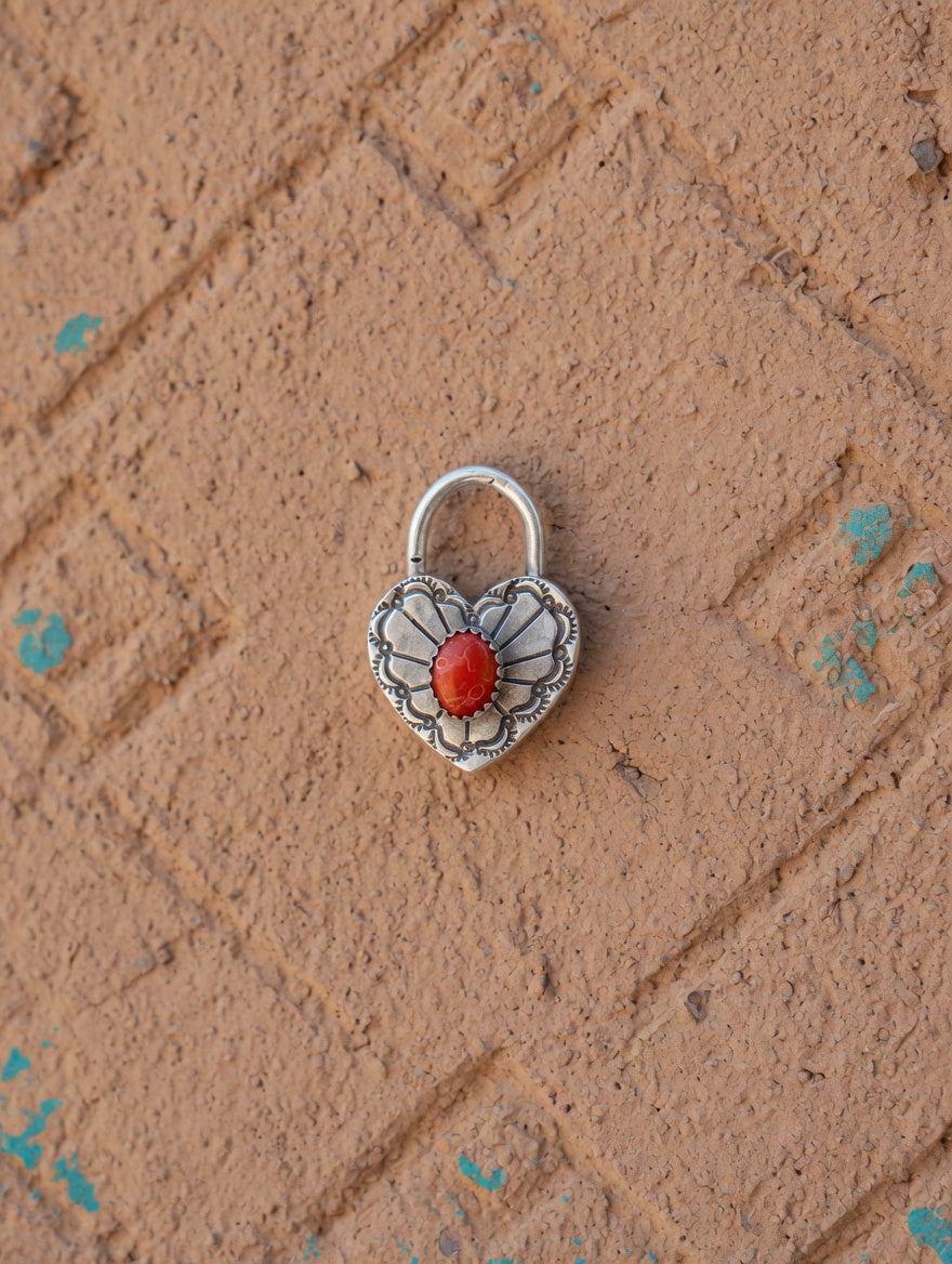 Sterling Silver Padlock Pendant with Coral Stone