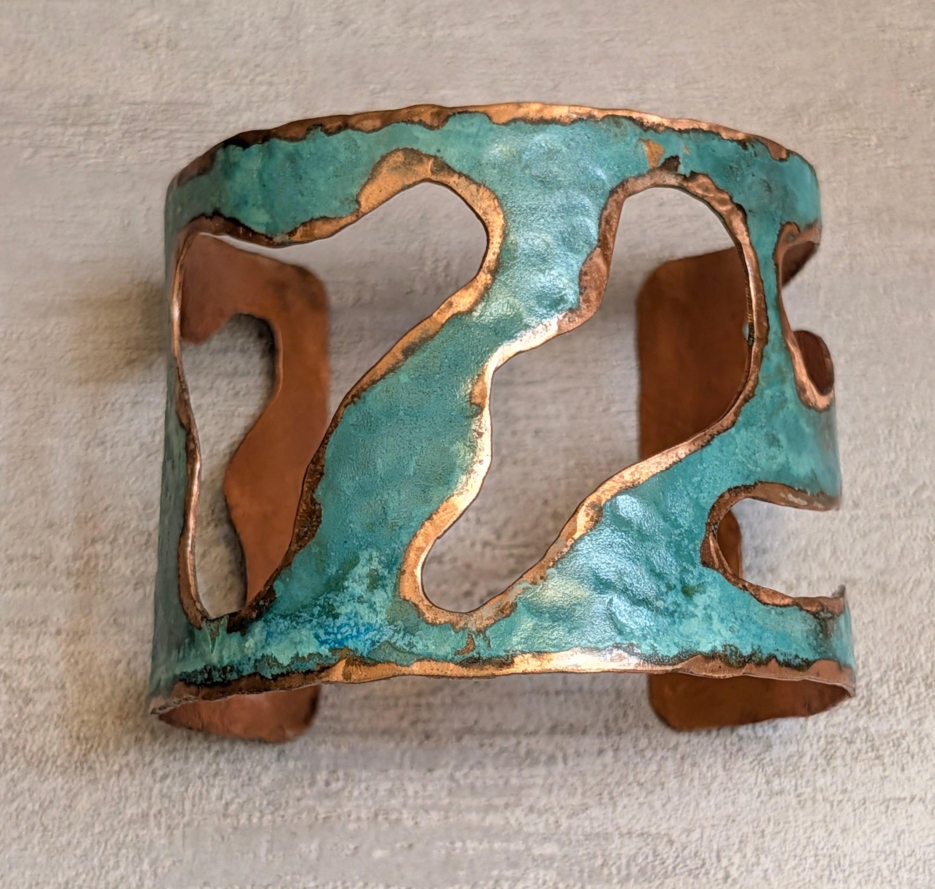 Sterling-Oxidized Lacquer Copper & Turquoise Lake Cuff Bracelet 2"