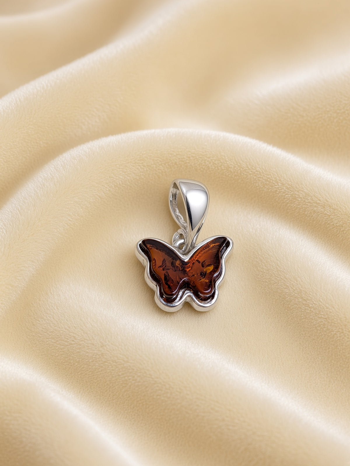 Handmade Butterfly Shaped Honey Cognac Cabochon & Sterling Silver Pendant