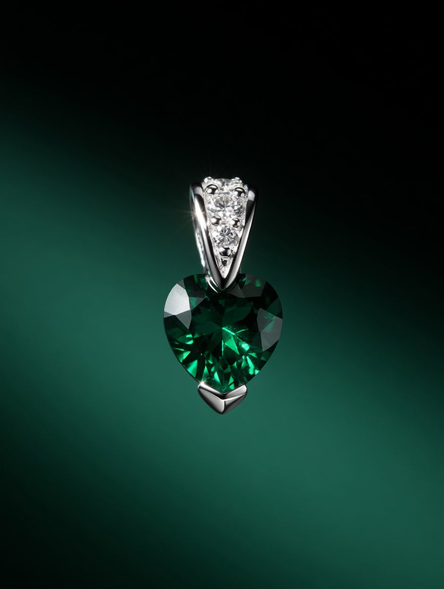 Sterling Silver CZ Green Heart Shape GemStone Earrings & Pendant Jewelry Set