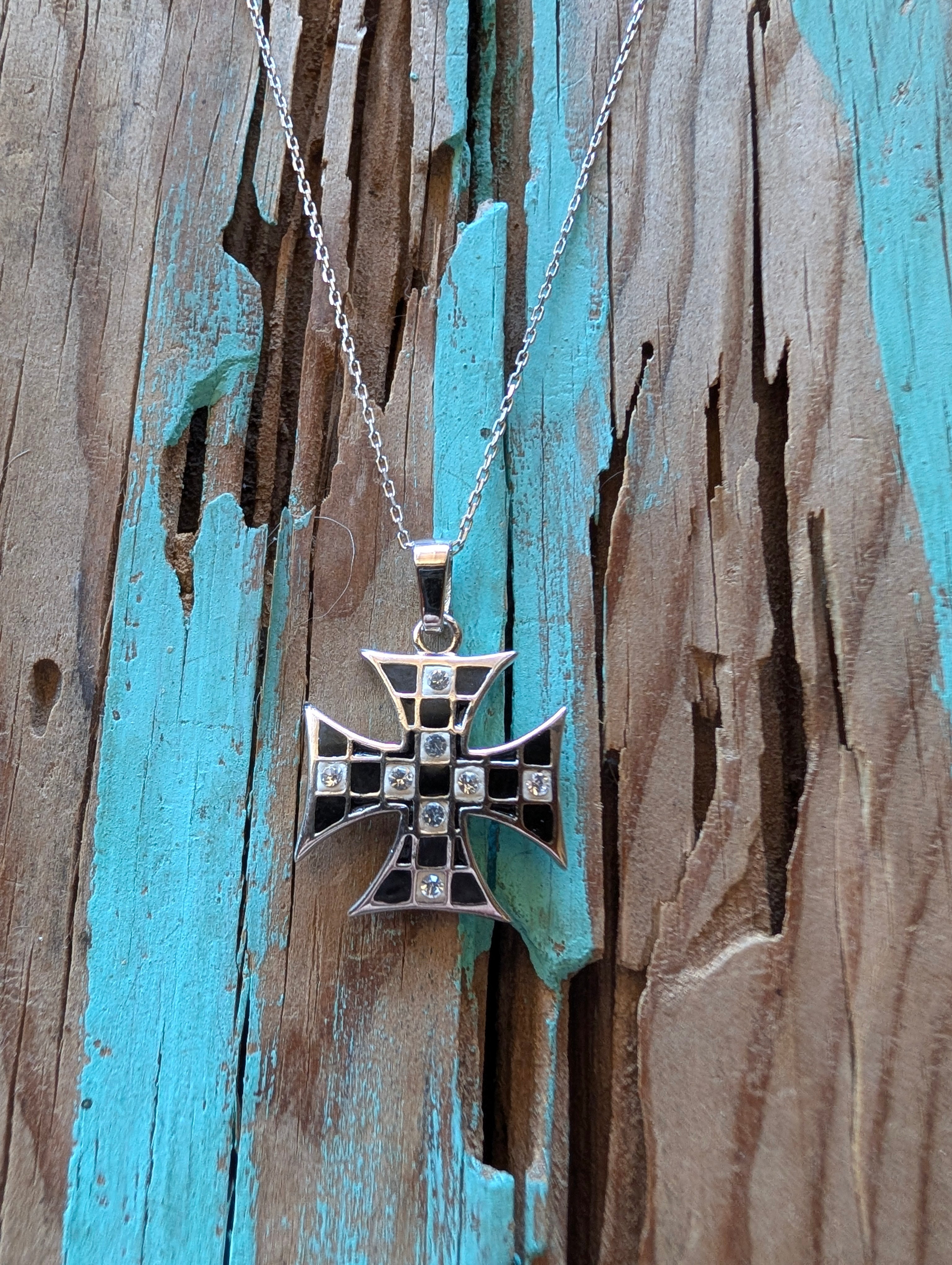 Sterling Silver Black Enamel Inlay Maltese Cross Pendant Necklace