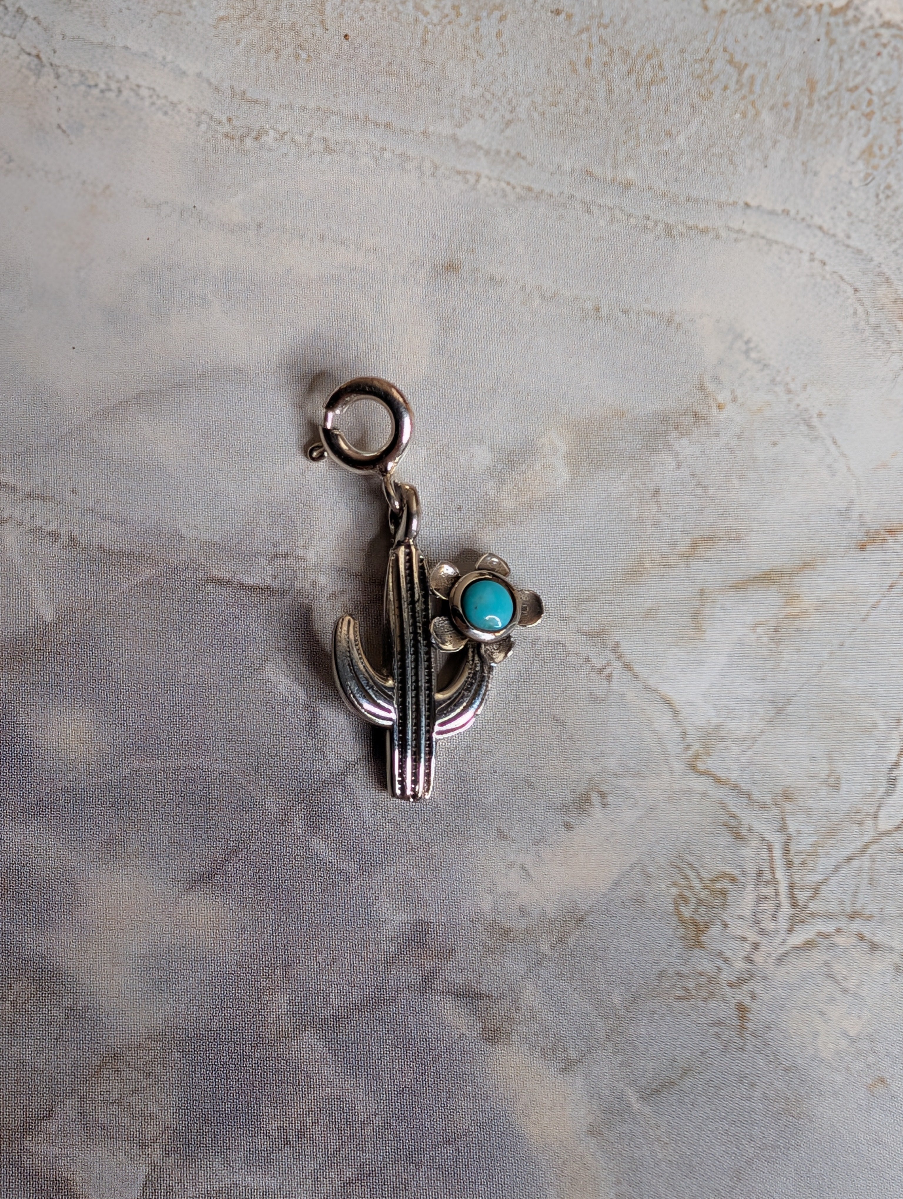 Sterling Silver Southwestern Style Saguaro Cactus & Flower Charm With Turquoise