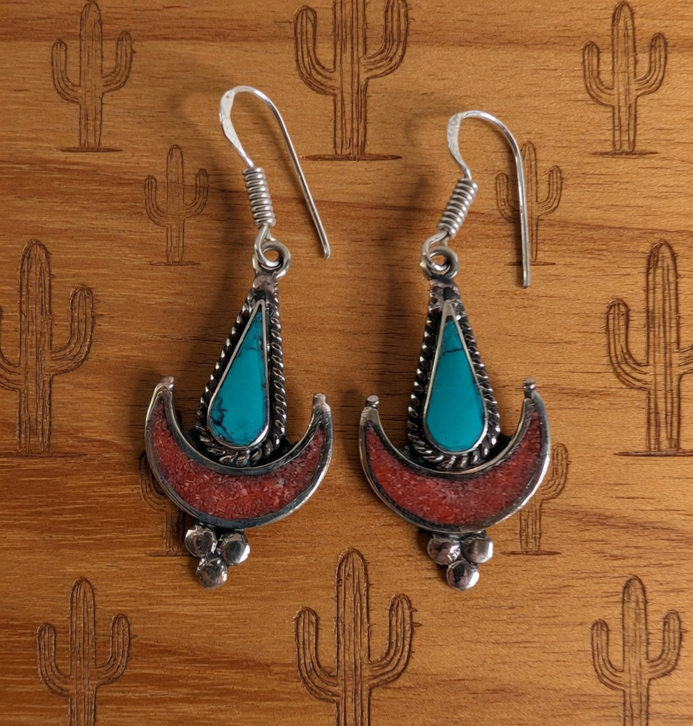 Turquoise & Coral Crescent Moon Dangle Earrings – Southwest Boho Statement
