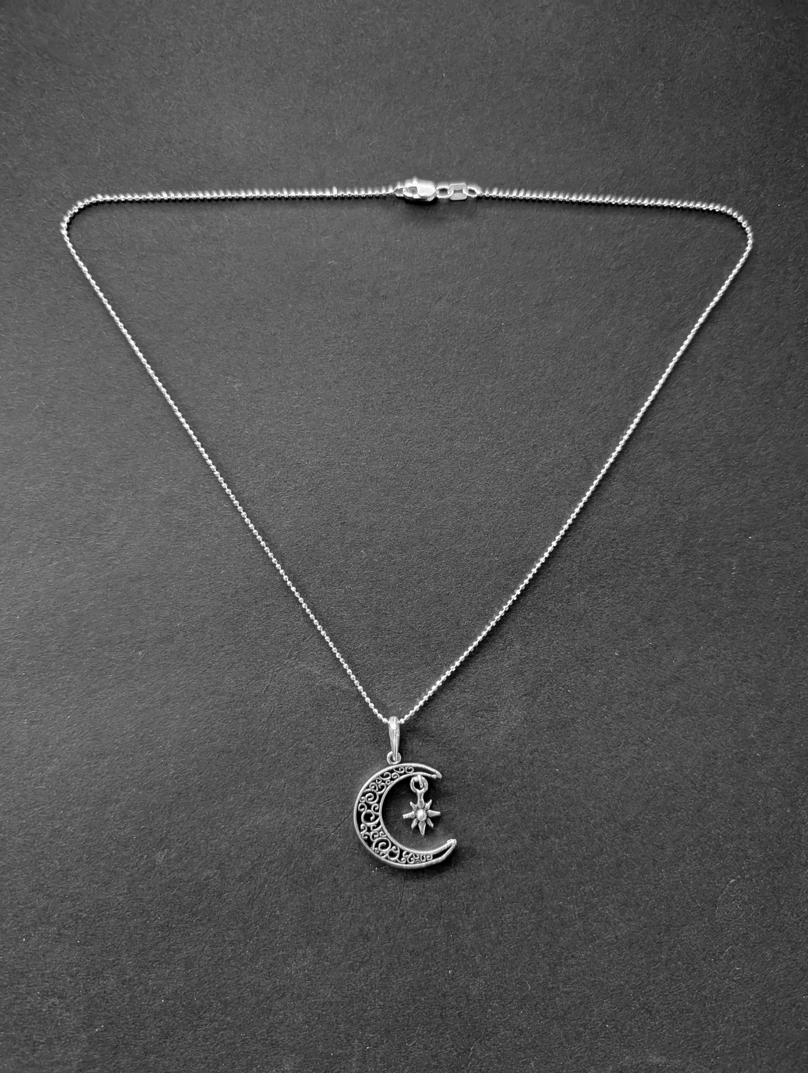 Sterling Silver Intricate Moon & Star Dangle Pendant Necklace