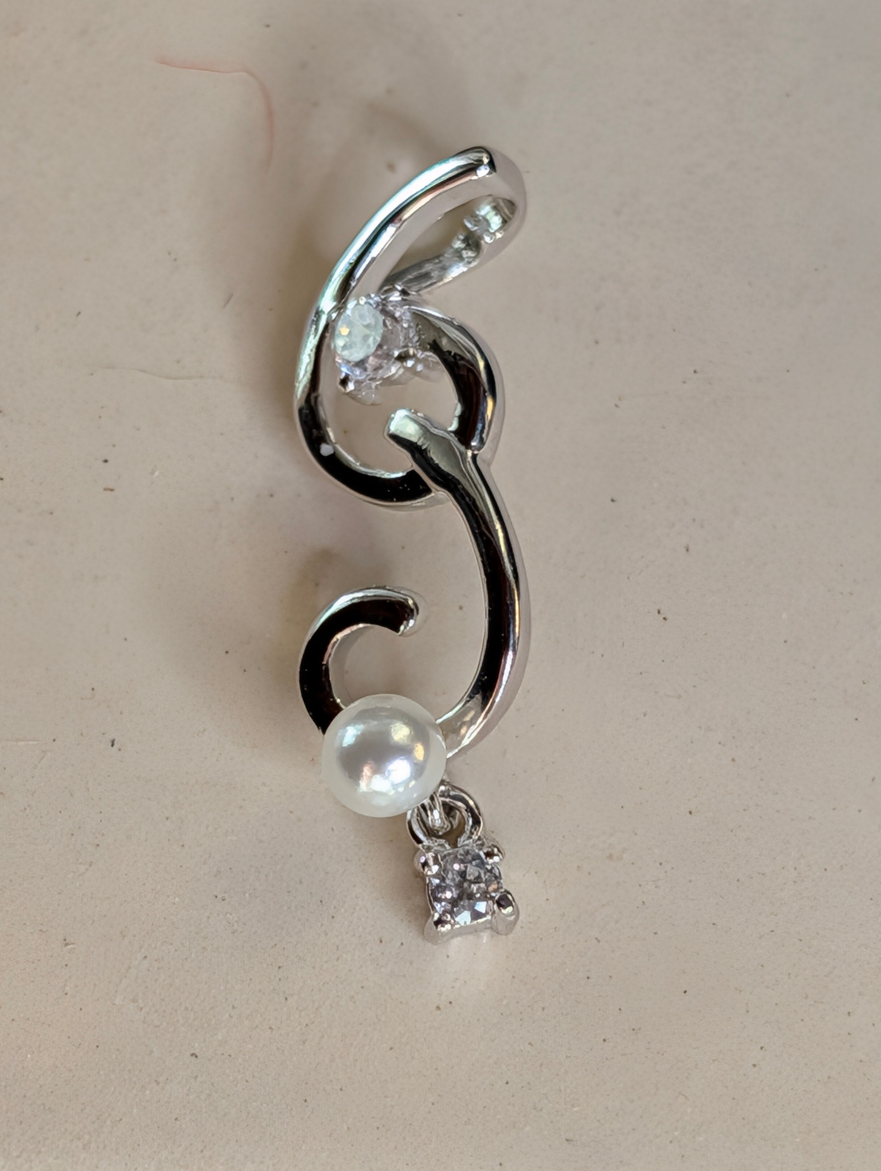 Sterling Silver Delicately Curved Dangling Pearl CZ Earrings & Pendant Jewelry Set