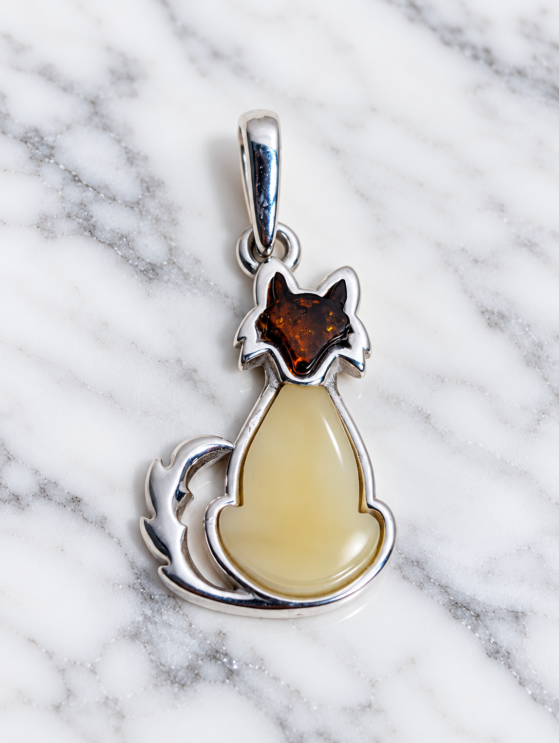 Handmade Fox with Pale Yellow Honey Cognac Cabochons & Sterling Silver Pendant