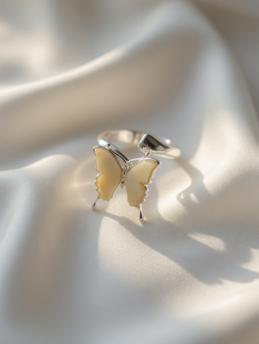 Yellow Amber Handmade Sterling Silver Butterfly Adjustable Ring