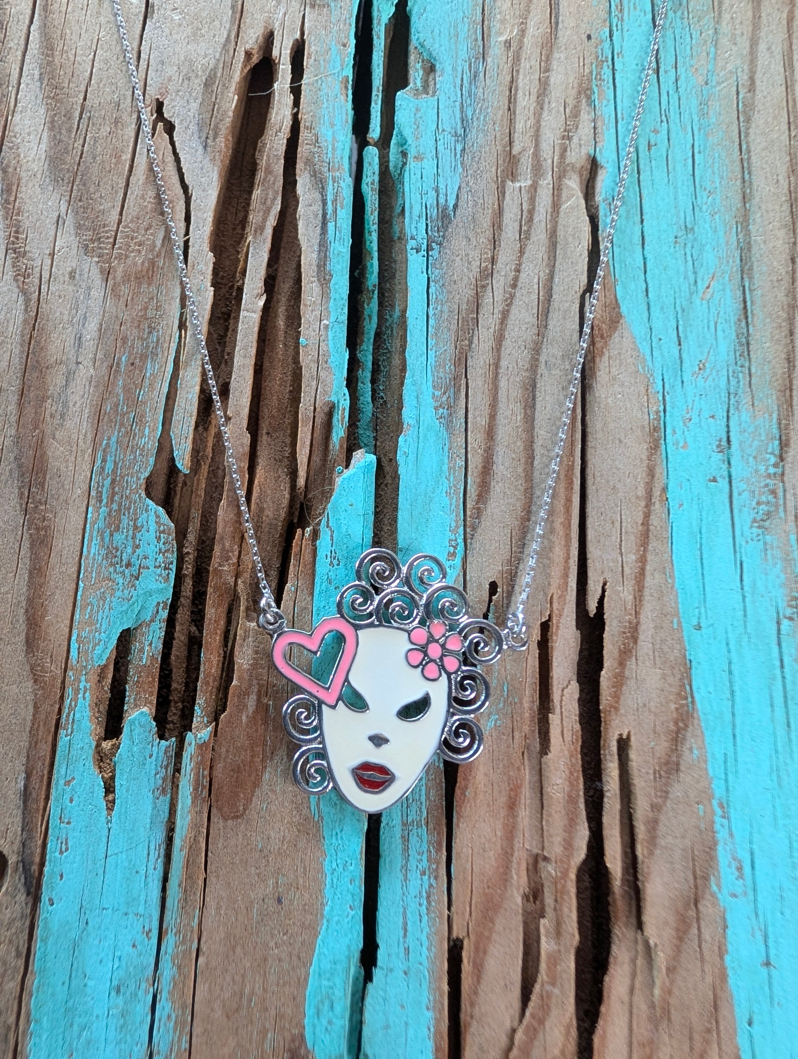 Sterling Silver Enamel Feminine Masquerade Mask With Pink Flowers & Heart