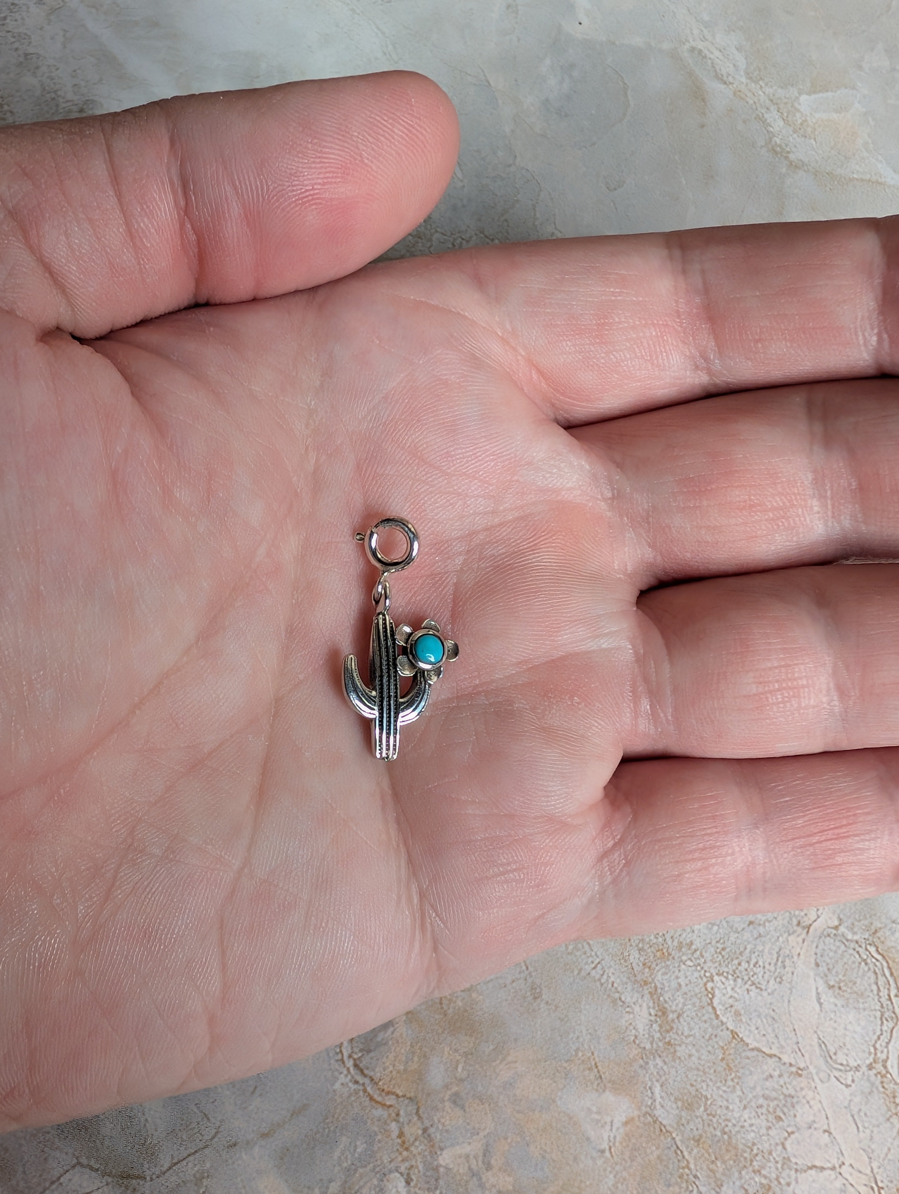Sterling Silver Southwestern Style Saguaro Cactus & Flower Charm With Turquoise