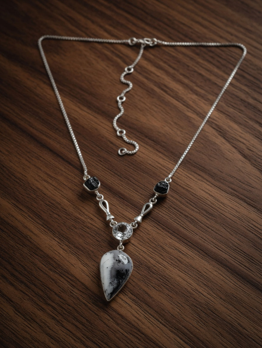 Dendritic Agate Pear Shape Gemstone With Clear Quartz & Black Tourmaline Sterling Silver Necklace