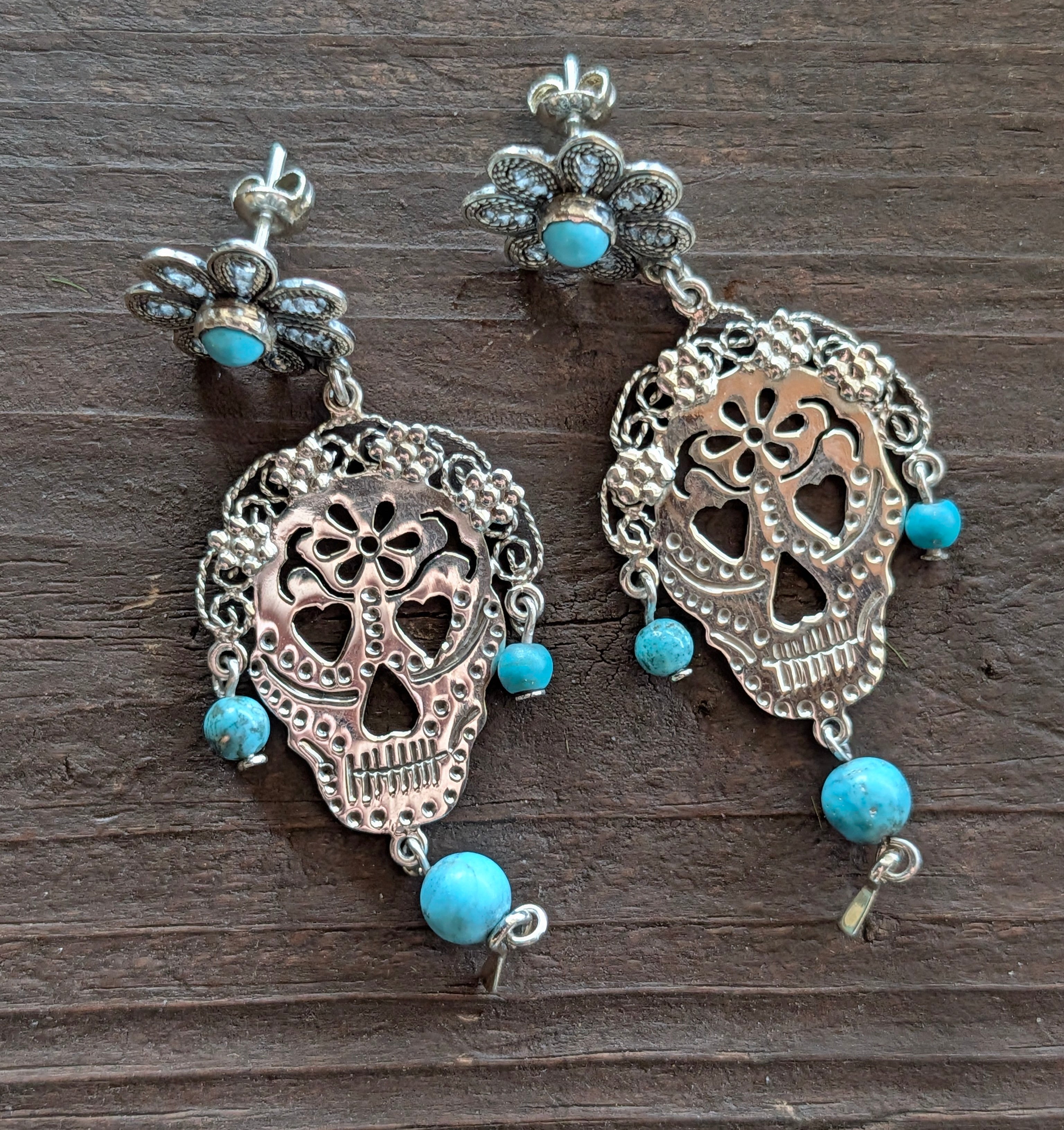 Sterling Silver Beaded Turquoise Floral Sugar Skull Earrings On Post