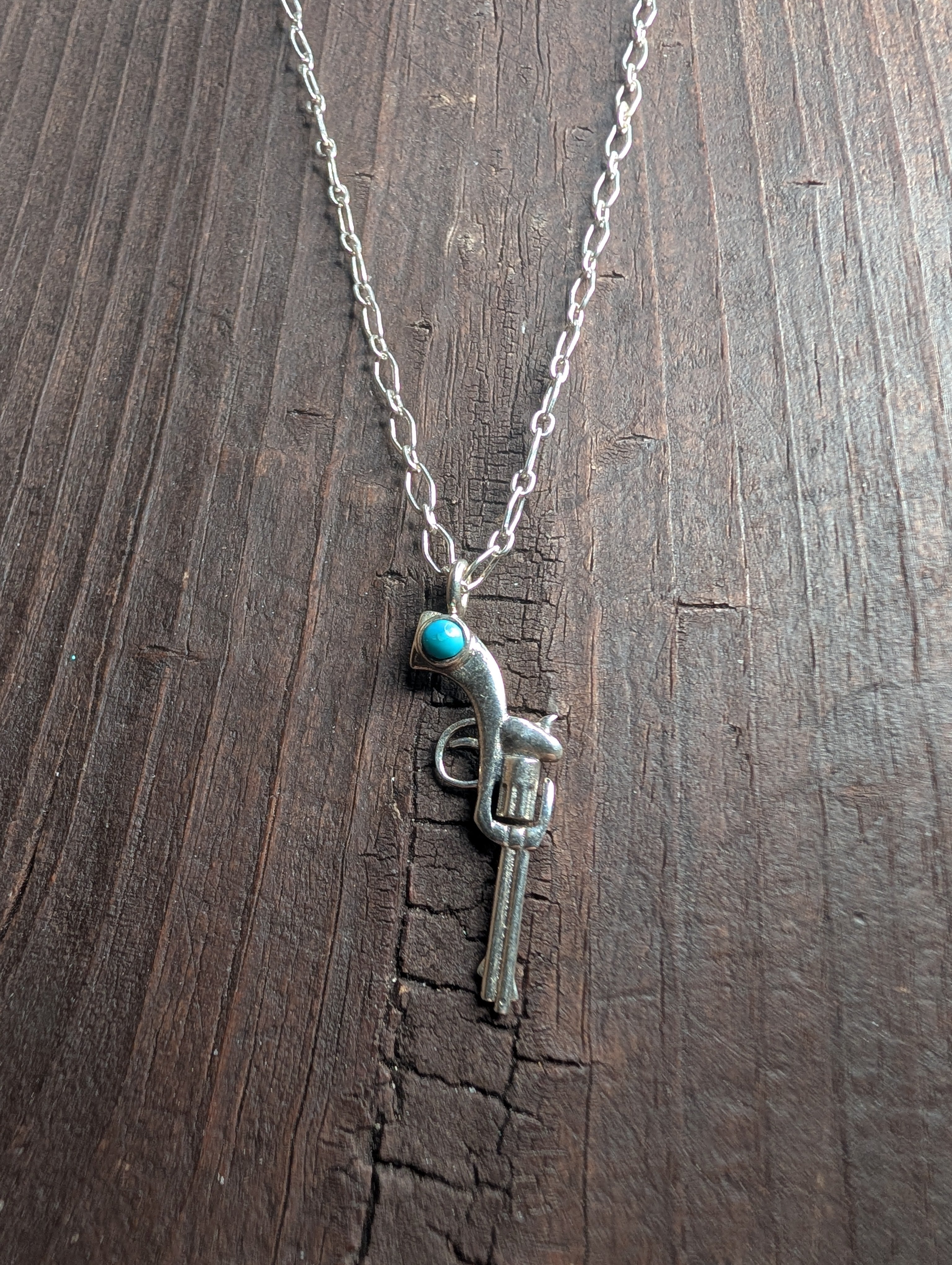 Kingman Turquoise Sterling Silver Necklace With Gun Pendant