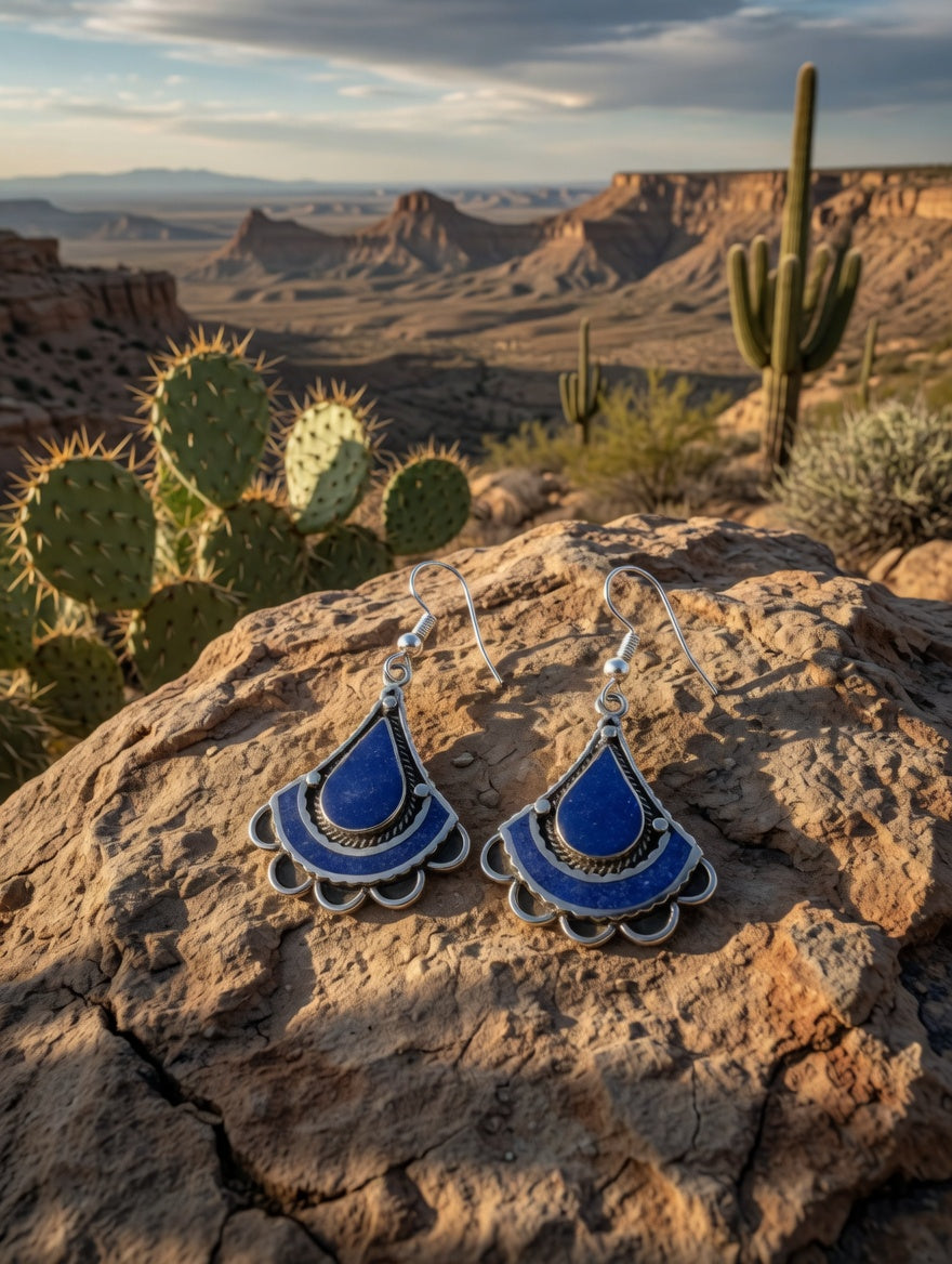 Southwestern Blue Lapis Fan Shaped Dangle Earrings
