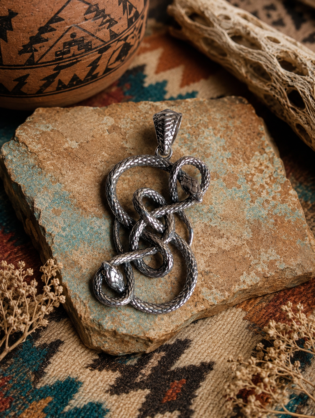 Sterling Silver Round Two Connected Snakes Pendant With 18k Gold Accents