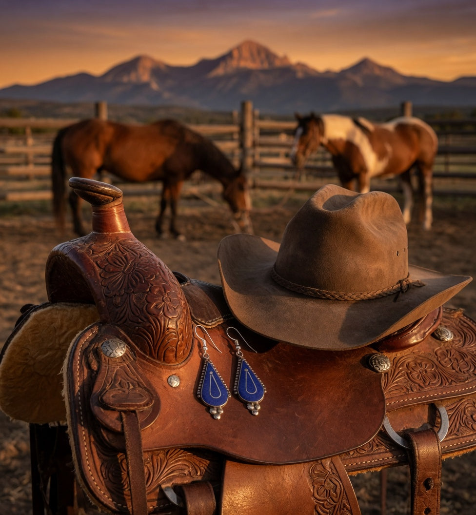 Blue Lapis Teardrop Dangle Earrings with Triple Silver Ball Drop