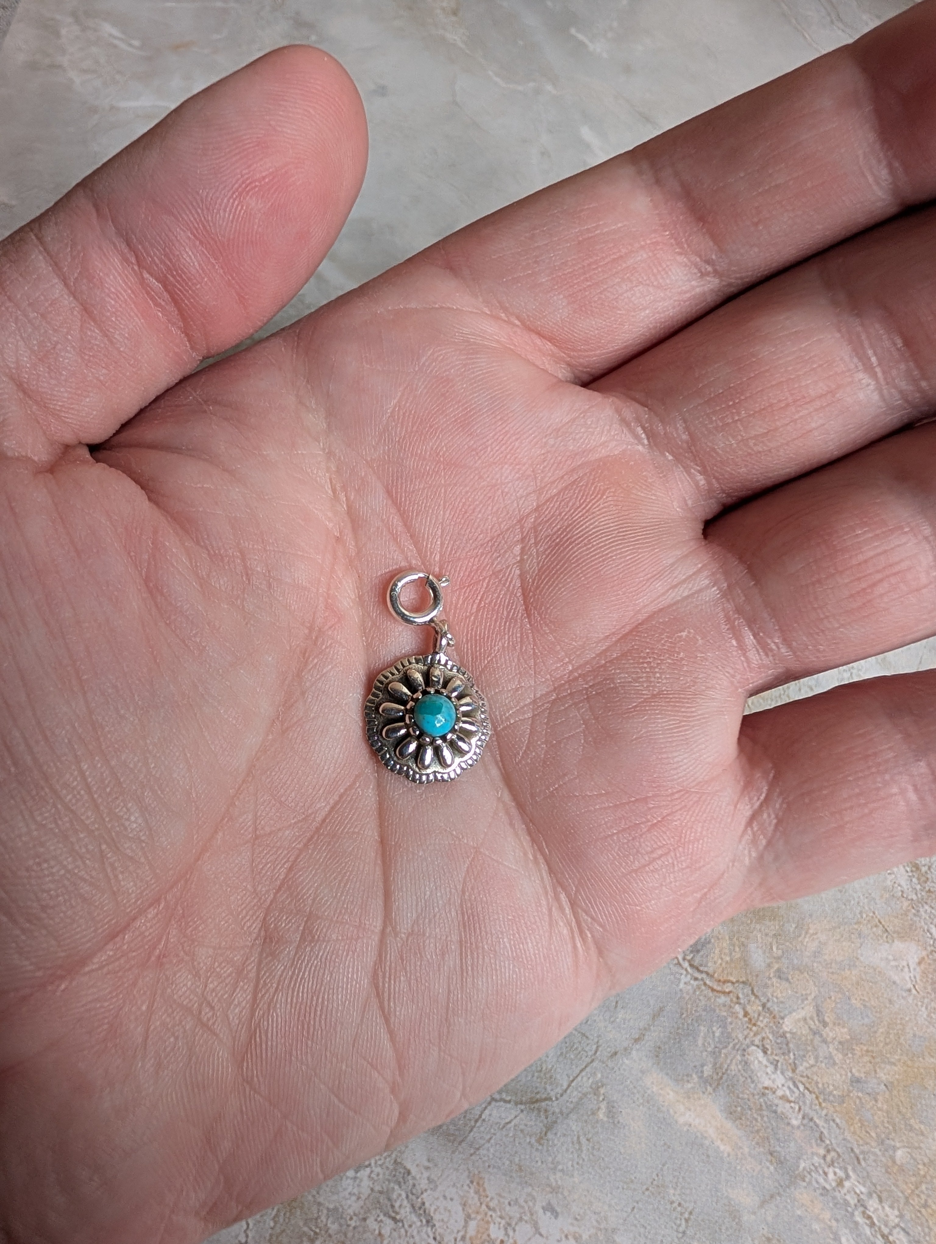 Sterling Silver Southwestern Style Rounded Sunburst Flower Charm With Turquoise