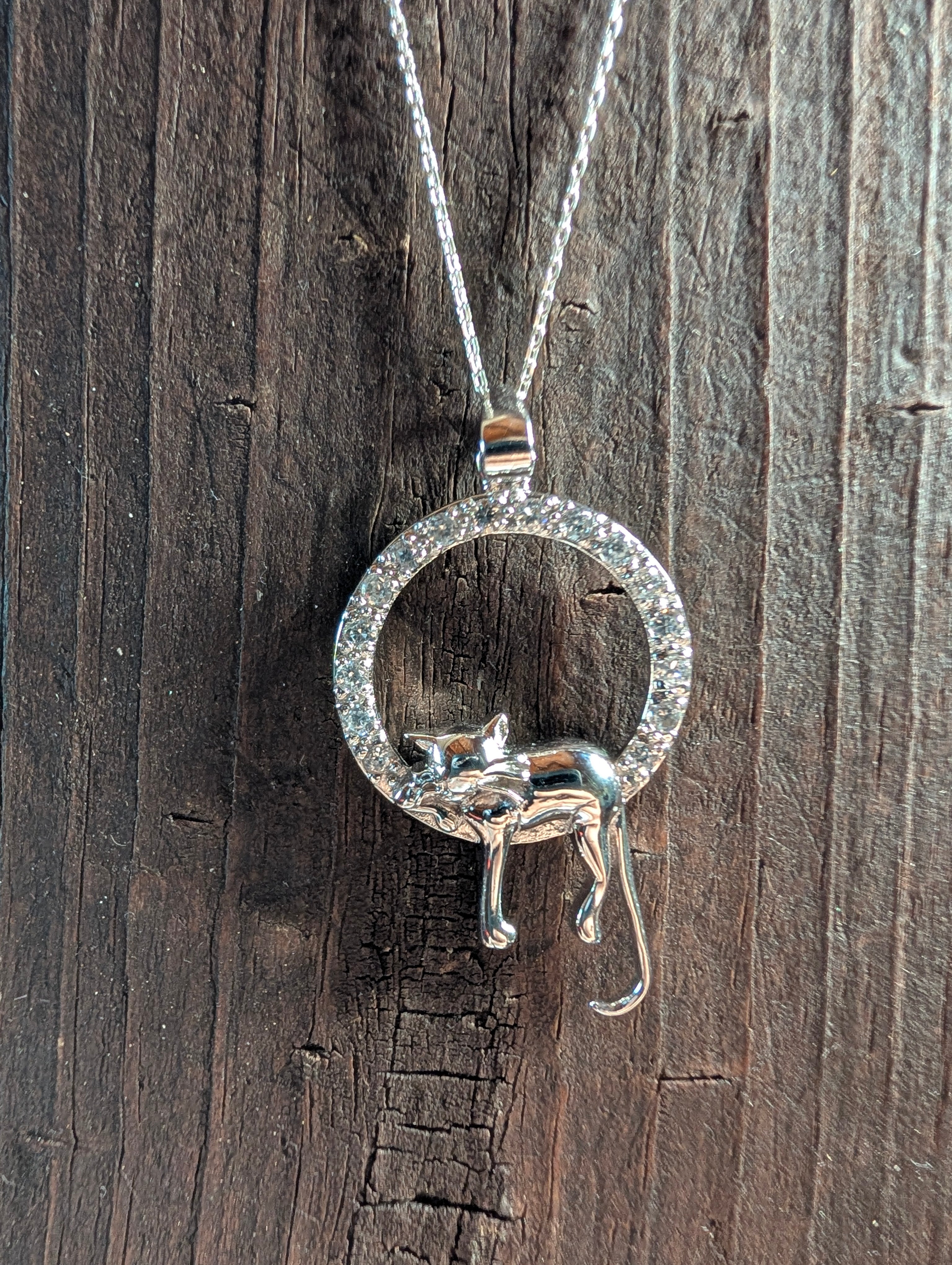 Sterling Silver Cat Perched On CZ Studded Circle Pendant Necklace