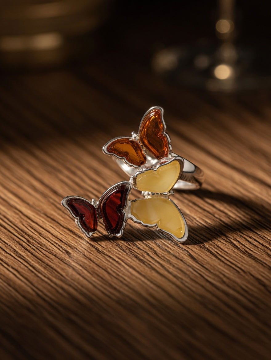 Sterling Silver Handmade Amber Multi-Butterfly Adjustable Ring