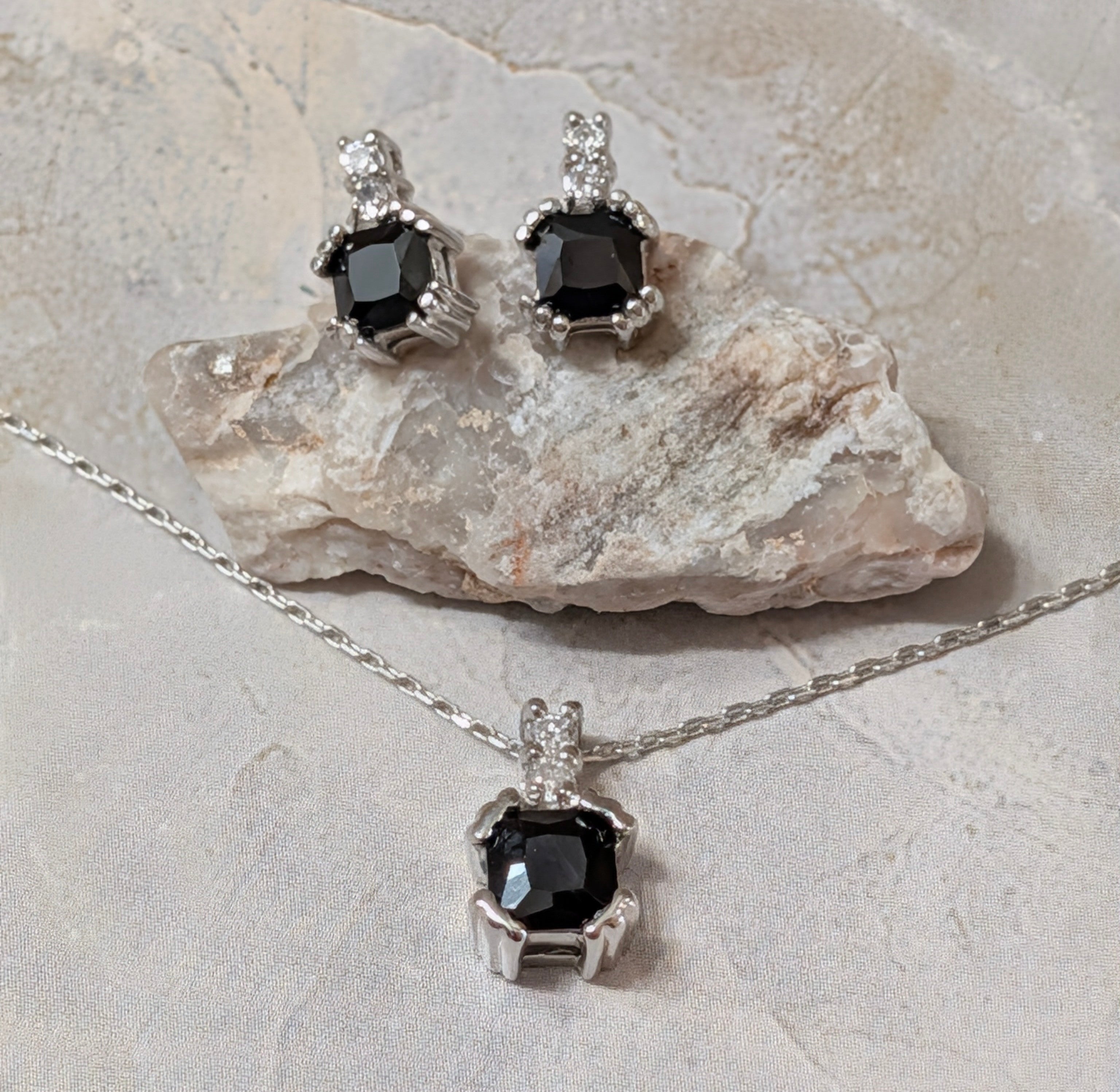 Sterling Silver Petite Black Spinel Gemstone Earrings & Necklace Jewelry Set