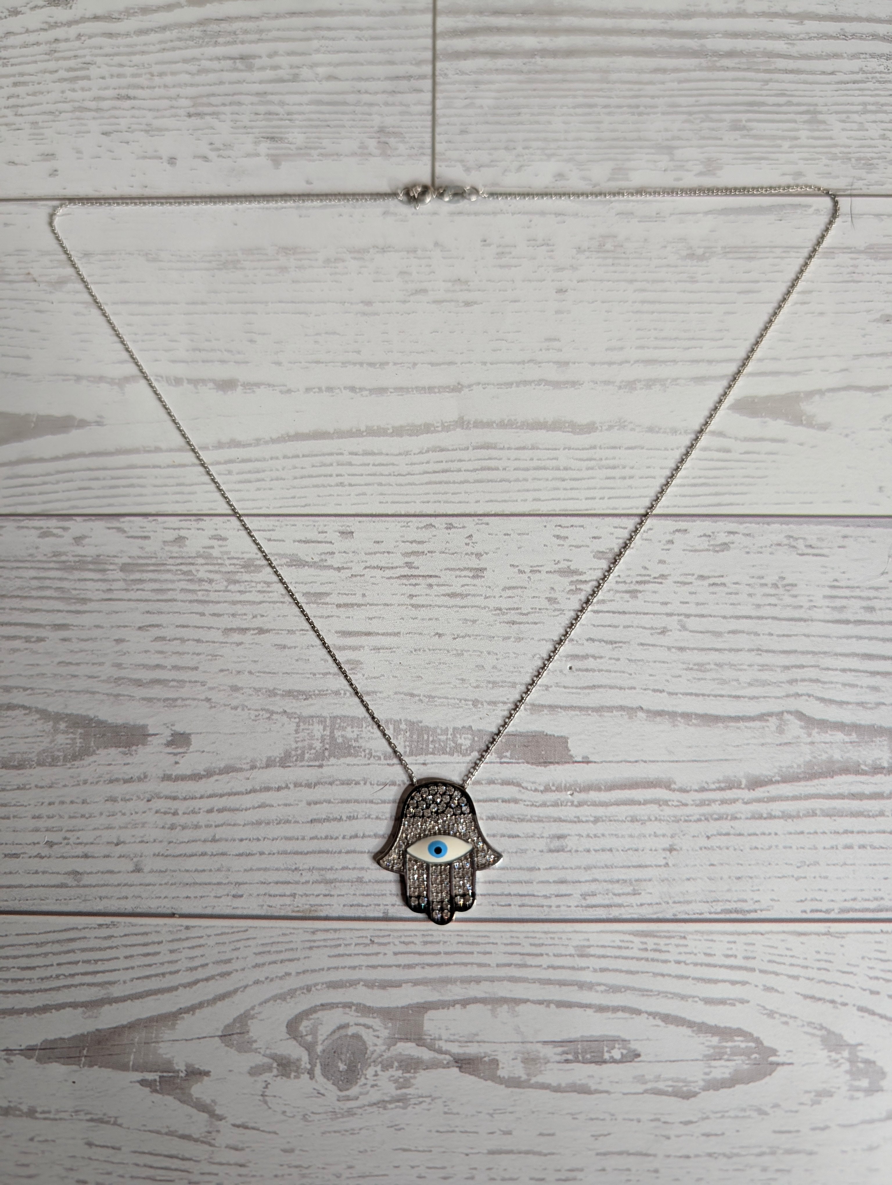 Sterling Silver CZ Blue Evil Eye Squid Hand Pendant Necklace