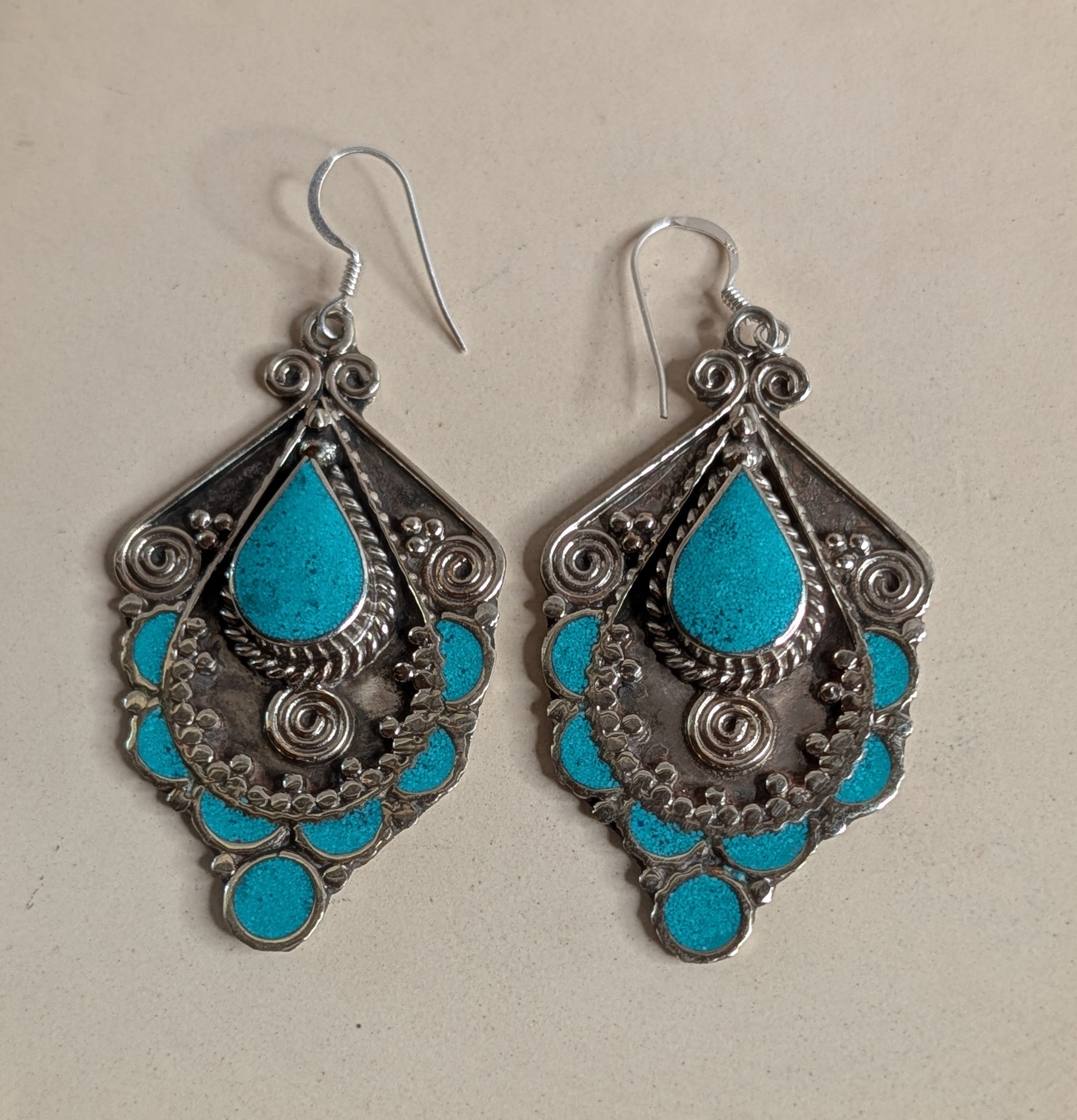 Vintage Turquoise Teardrop Filigree Statement Earrings