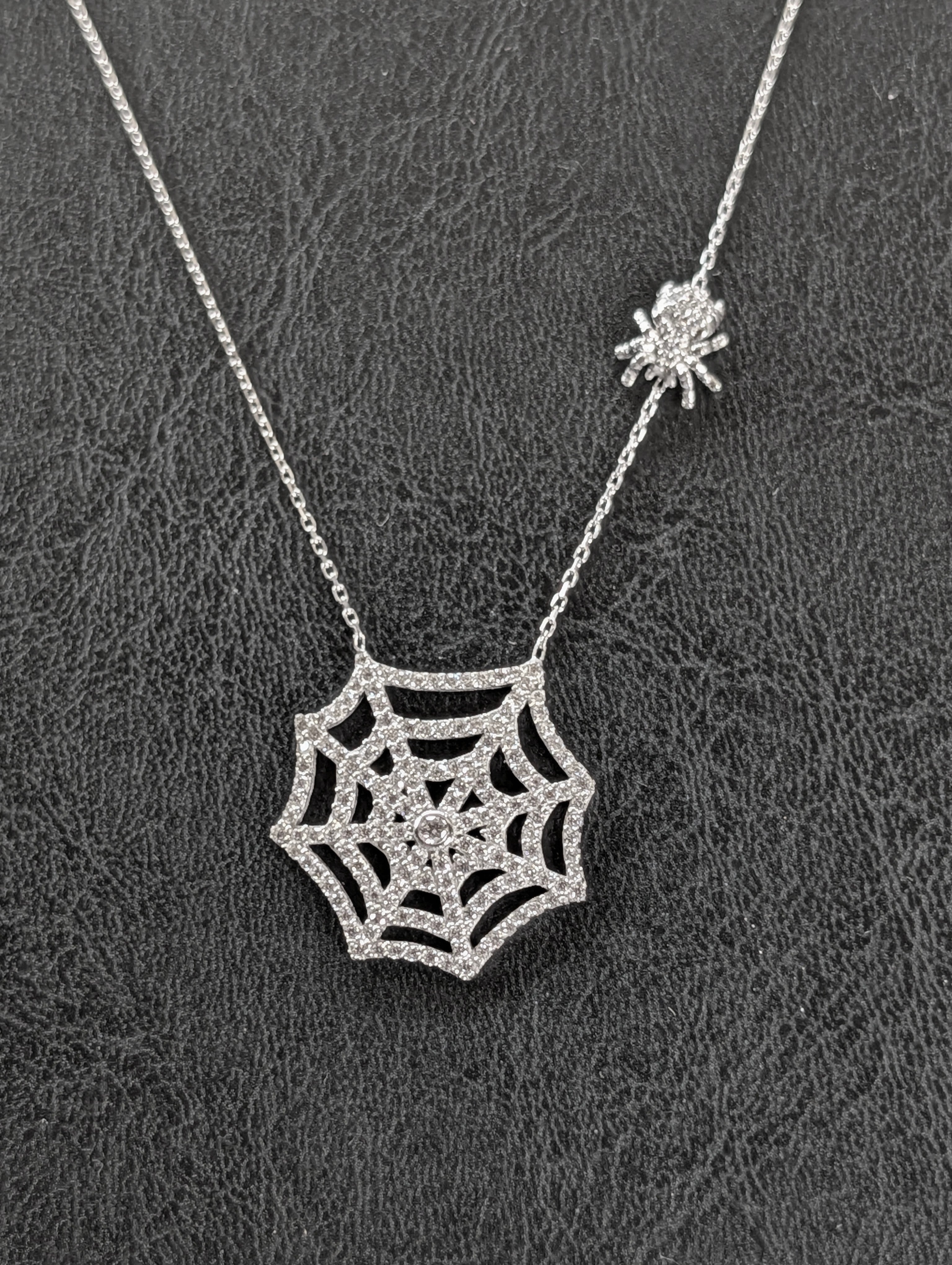 Sterling Silver CZ Spider Web Halloween Necklace