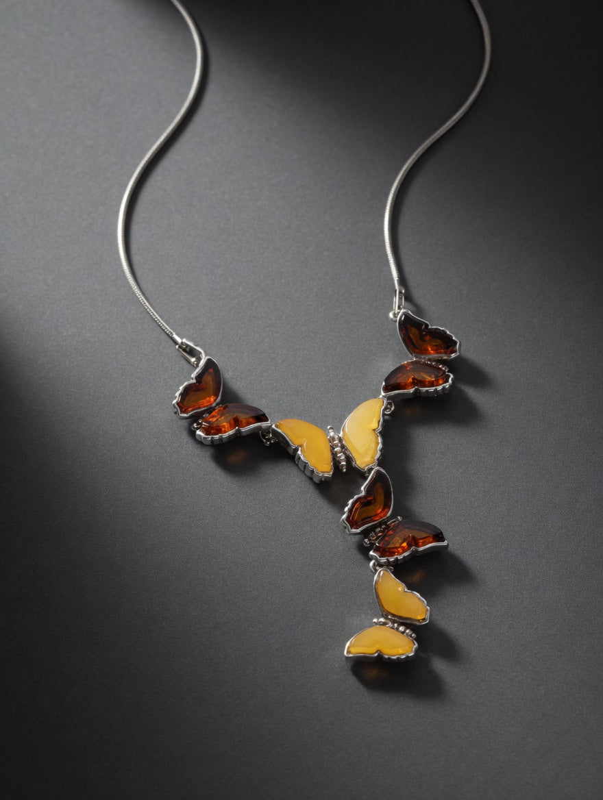 Amber Handmade Sterling Silver Butterfly Drop Necklace
